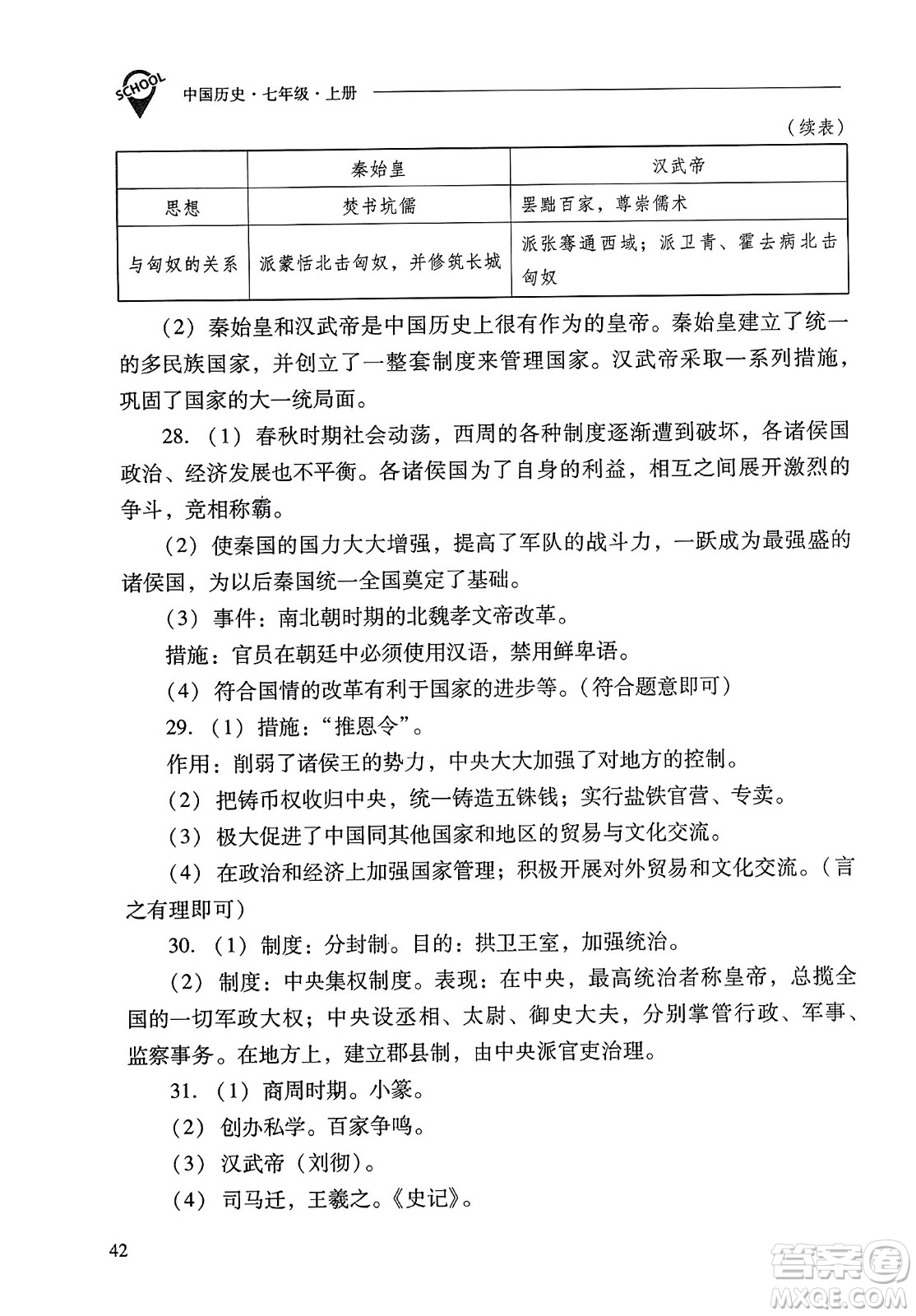 山西教育出版社2023年秋新課程問題解決導學方案七年級歷史上冊人教版答案