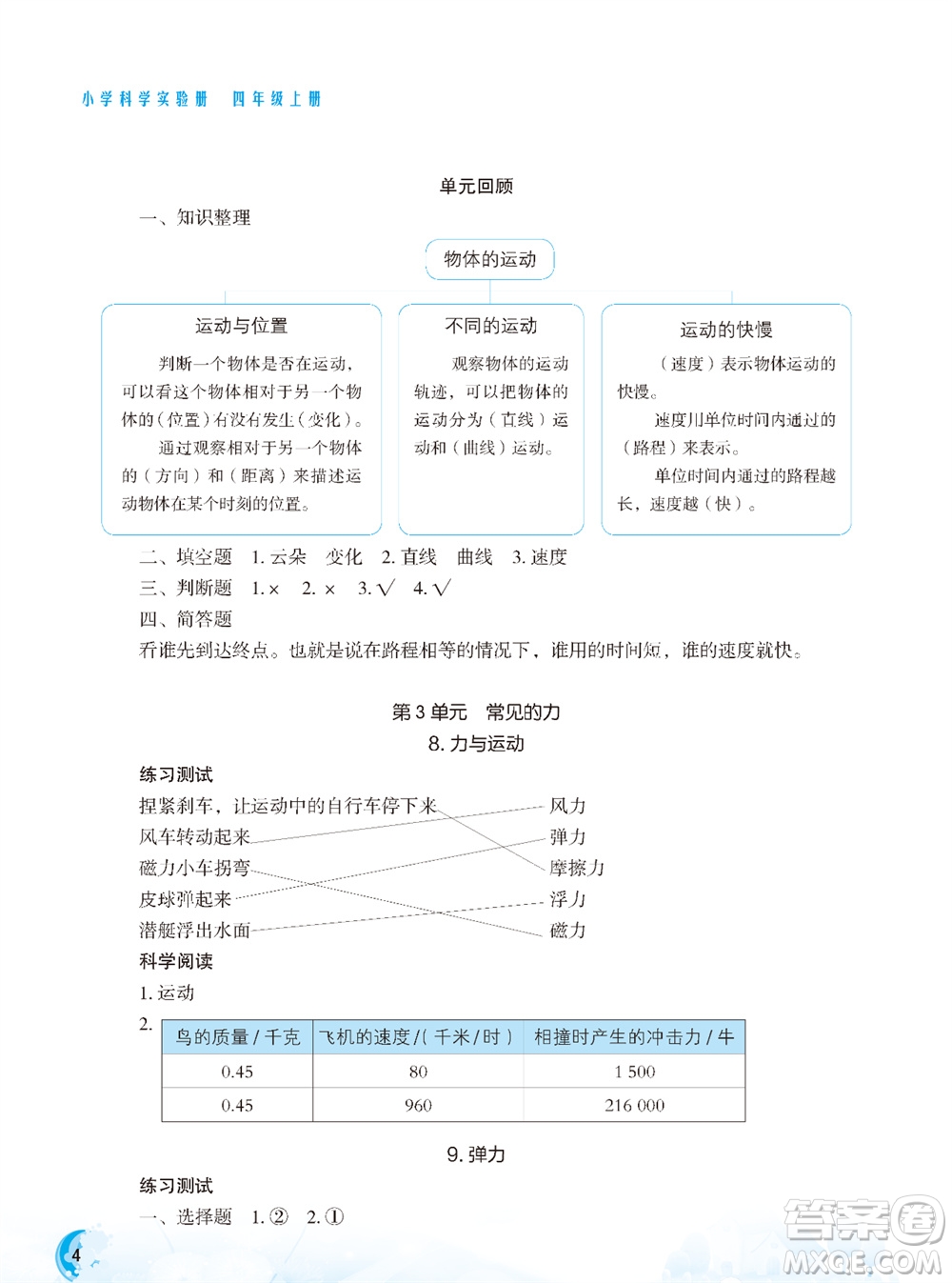 江蘇鳳凰教育出版社2023年秋小學(xué)科學(xué)實驗冊四年級上冊蘇教版雙色版參考答案