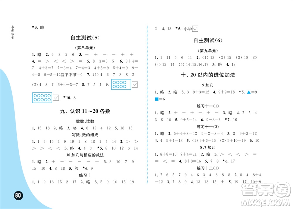 江蘇鳳凰教育出版社2023年秋練習與測試小學數(shù)學一年級上冊蘇教版雙色版A版參考答案