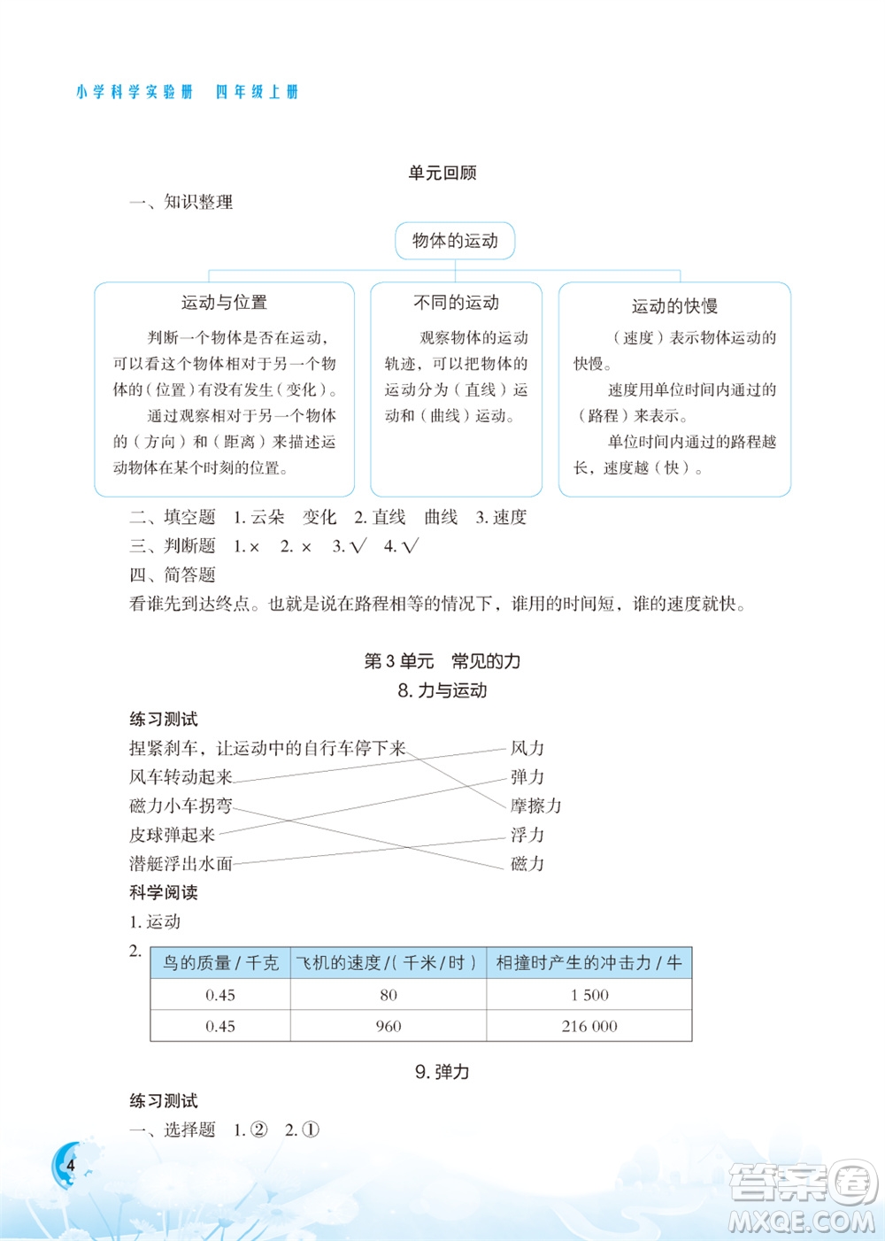 江蘇鳳凰教育出版社2023年小學(xué)科學(xué)實(shí)驗(yàn)冊(cè)四年級(jí)上冊(cè)蘇教版江蘇山西專版參考答案