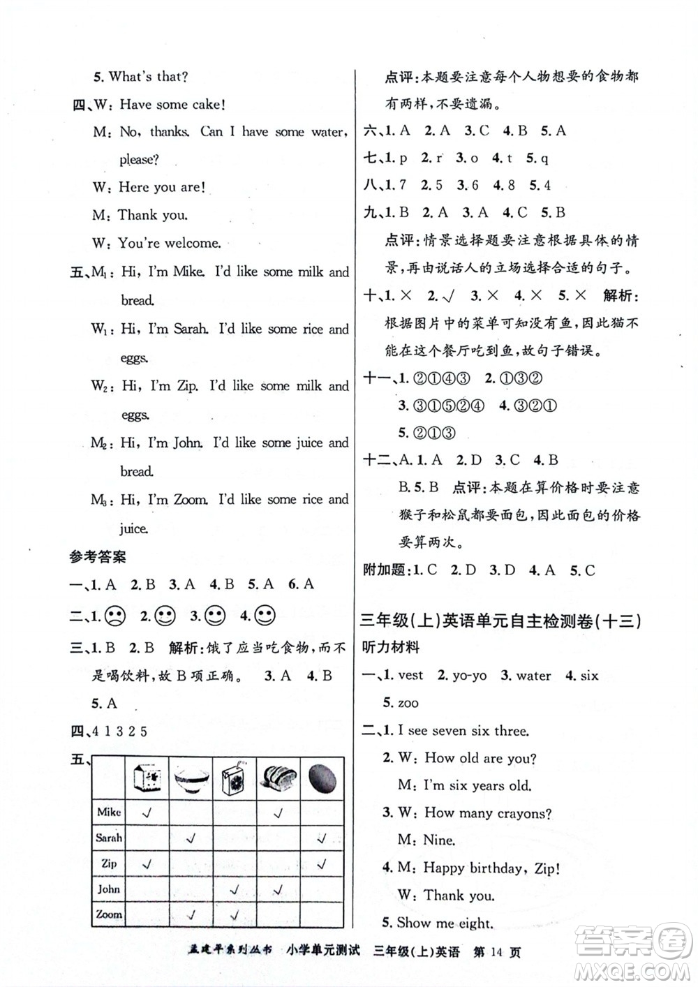 浙江工商大學(xué)出版社2023年秋孟建平小學(xué)單元測(cè)試英語三年級(jí)上冊(cè)人教版參考答案