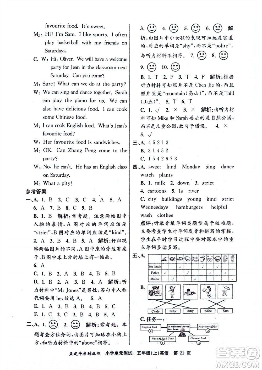 浙江工商大學(xué)出版社2023年秋孟建平小學(xué)單元測(cè)試英語(yǔ)五年級(jí)上冊(cè)人教版參考答案