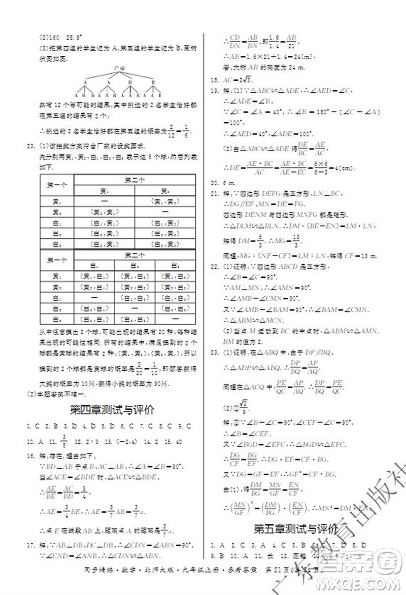廣東教育出版社2023年秋同步精練九年級(jí)數(shù)學(xué)上冊(cè)北師大版參考答案