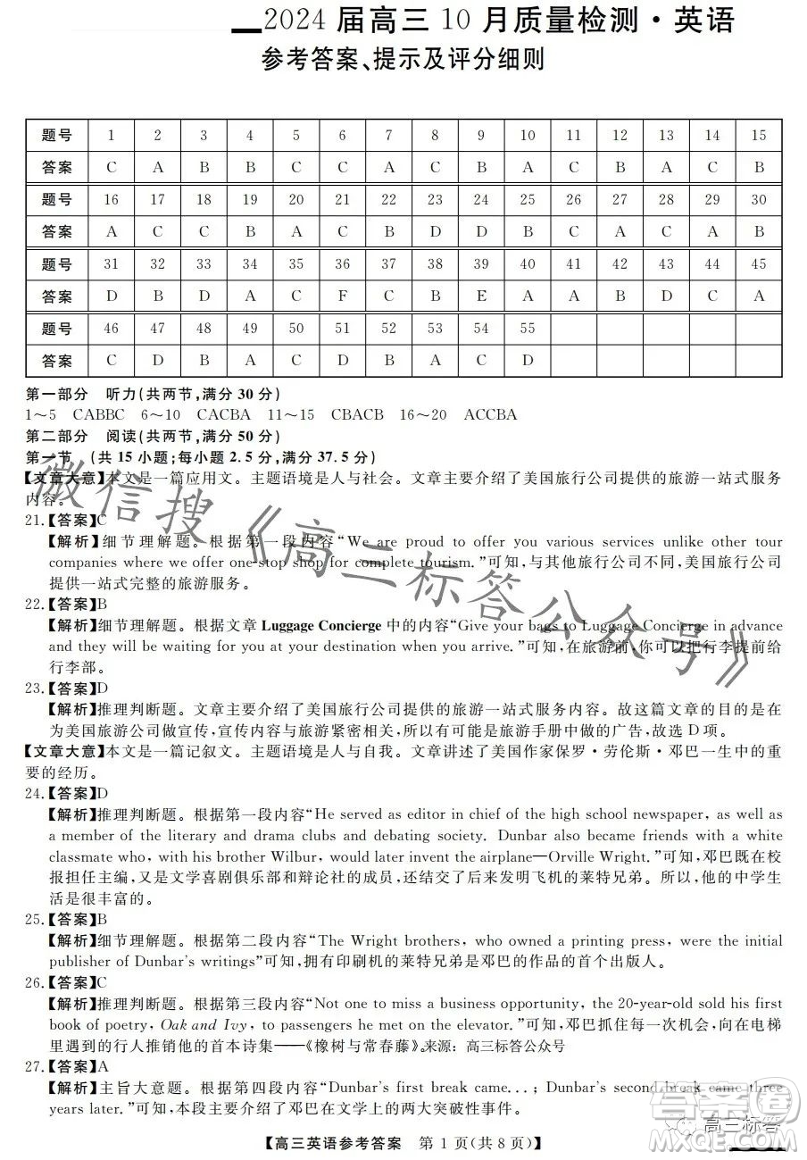 金科大聯(lián)考2024屆高三10月質(zhì)量檢測(cè)英語試卷答案