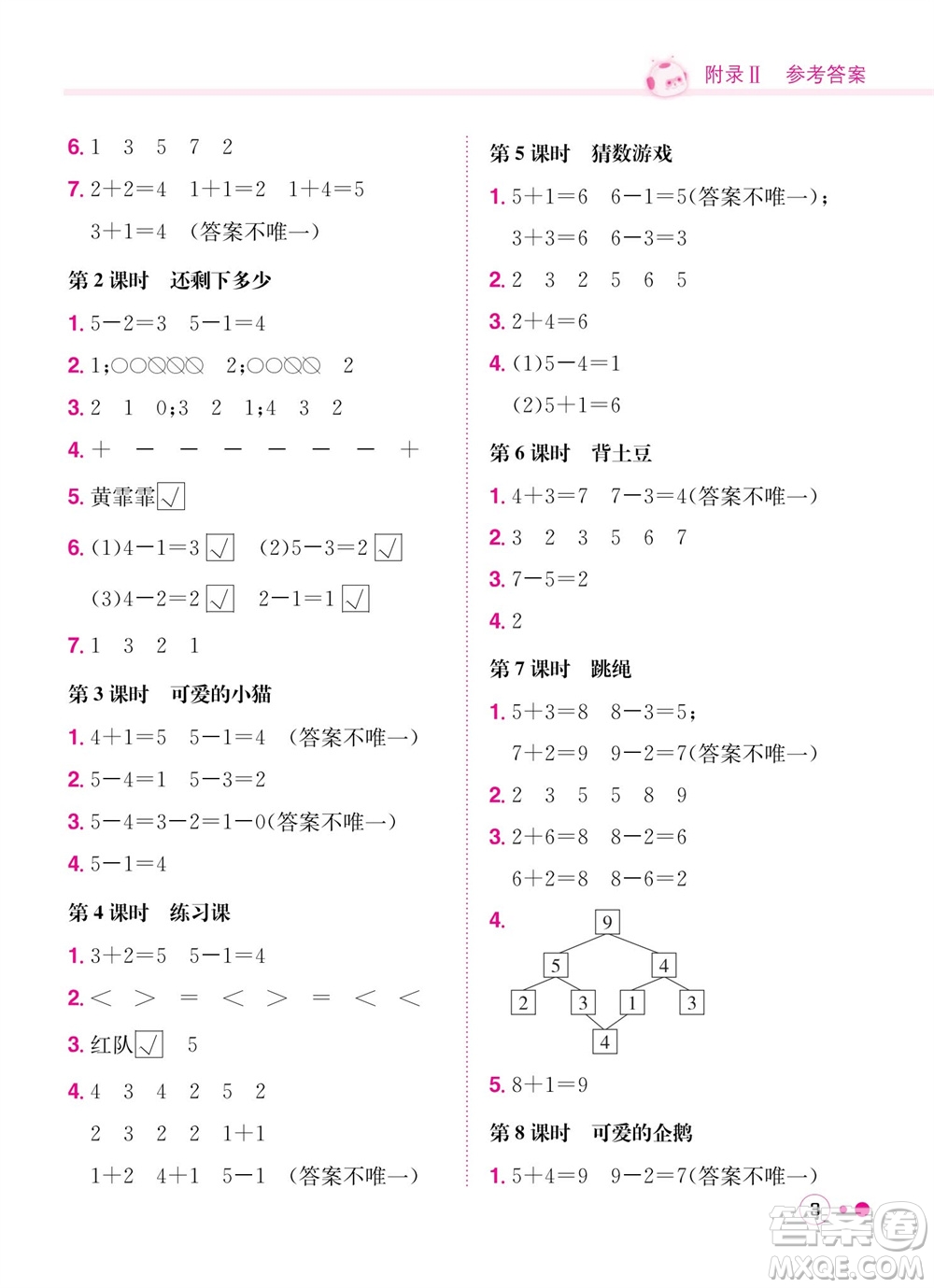 龍門書局2023年秋黃岡小狀元練重點(diǎn)培優(yōu)同步作業(yè)一年級(jí)數(shù)學(xué)上冊(cè)北師大版參考答案