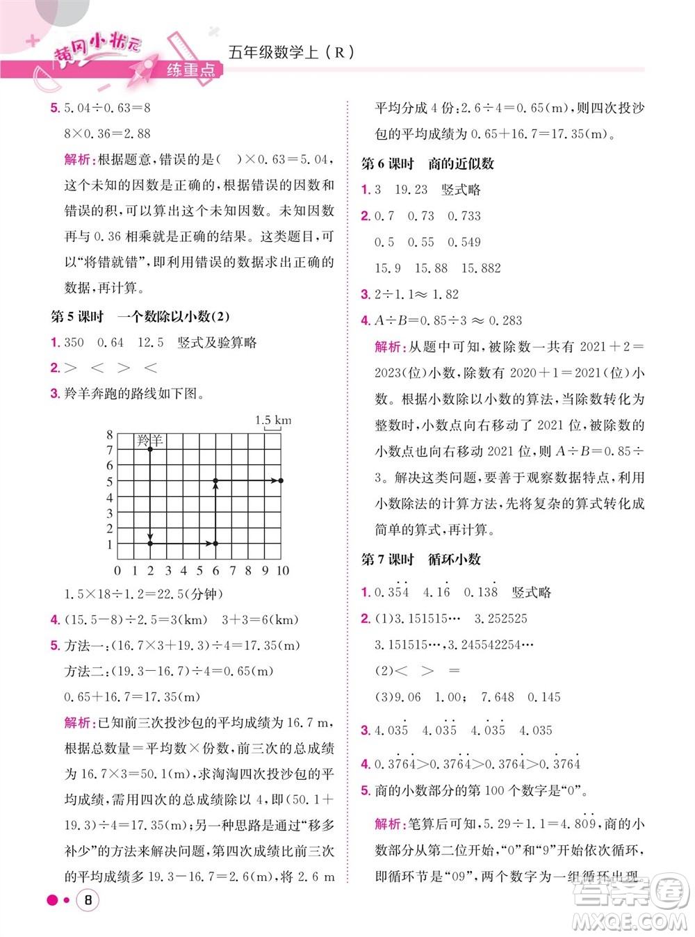 龍門書局2023年秋黃岡小狀元練重點培優(yōu)同步作業(yè)五年級數(shù)學上冊人教版參考答案