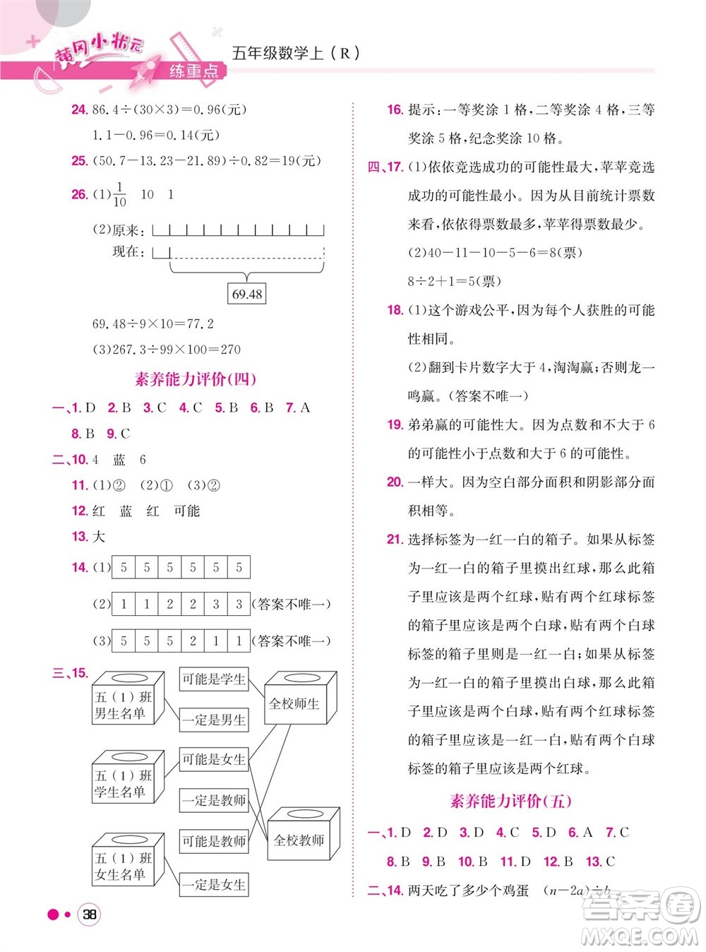 龍門書局2023年秋黃岡小狀元練重點培優(yōu)同步作業(yè)五年級數(shù)學上冊人教版參考答案