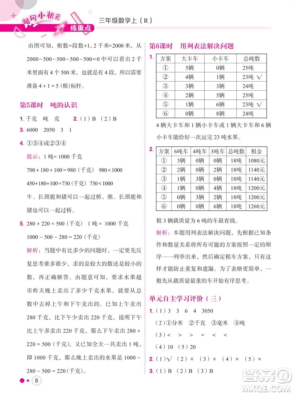 龍門書局2023年秋黃岡小狀元練重點培優(yōu)同步作業(yè)三年級數(shù)學上冊人教版參考答案
