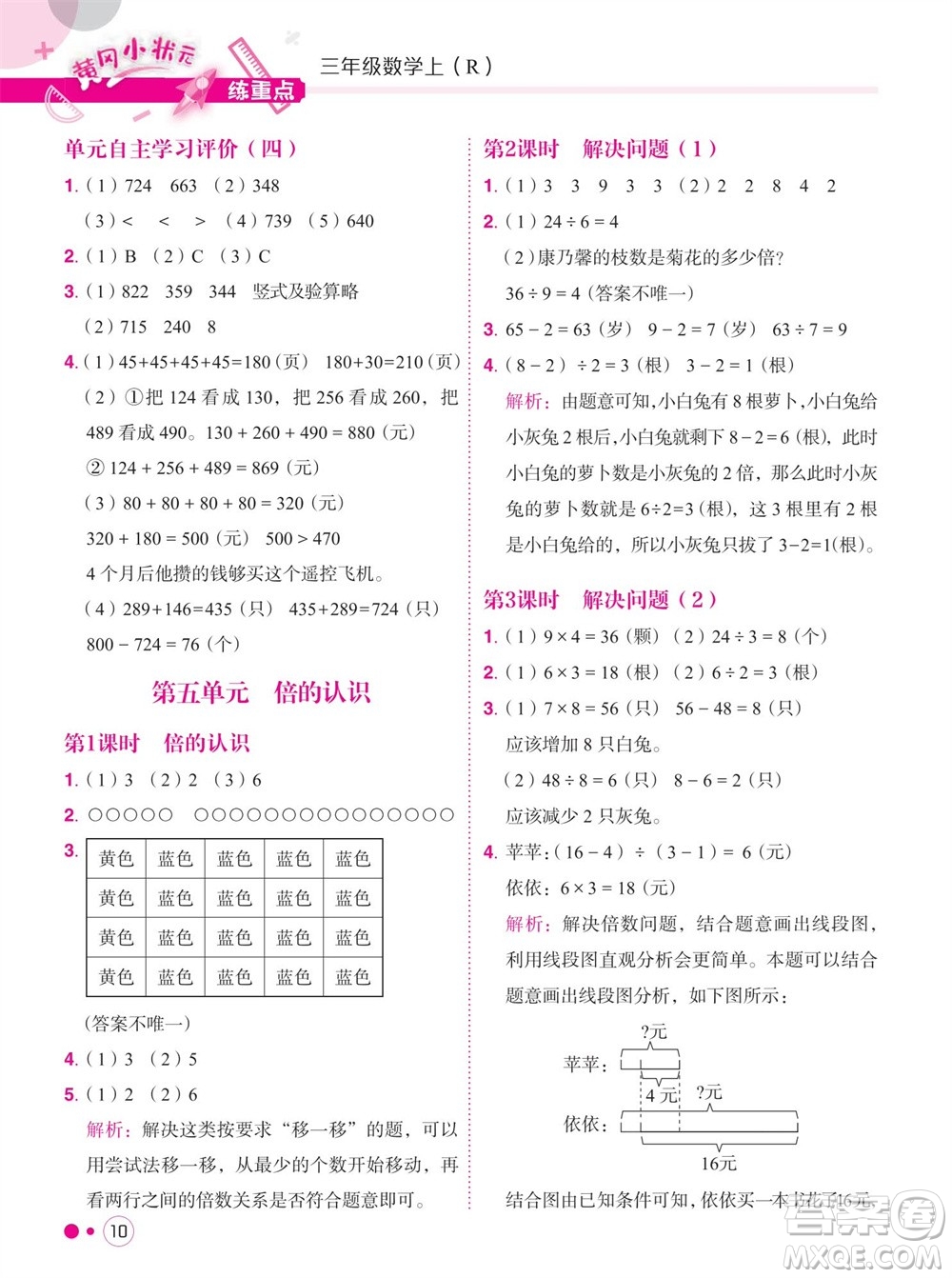 龍門書局2023年秋黃岡小狀元練重點培優(yōu)同步作業(yè)三年級數(shù)學上冊人教版參考答案