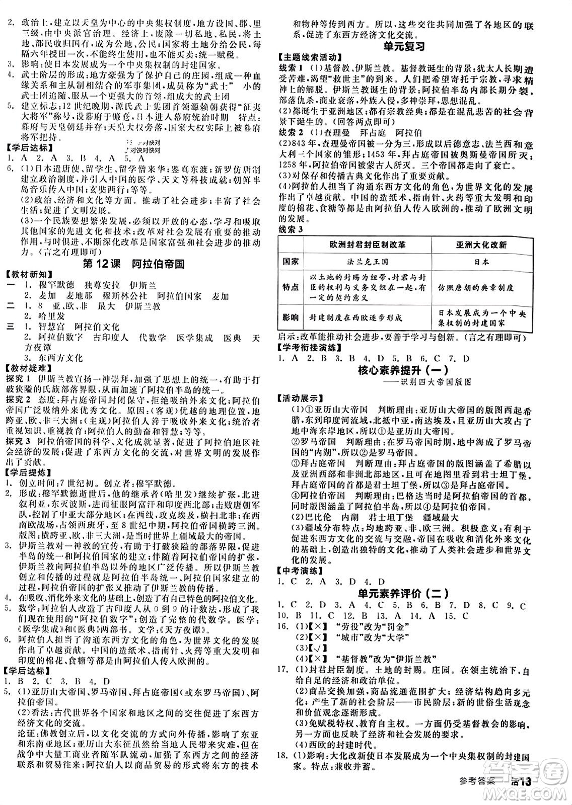 天津人民出版社2023年秋全品學(xué)練考九年級世界歷史上冊通用版答案