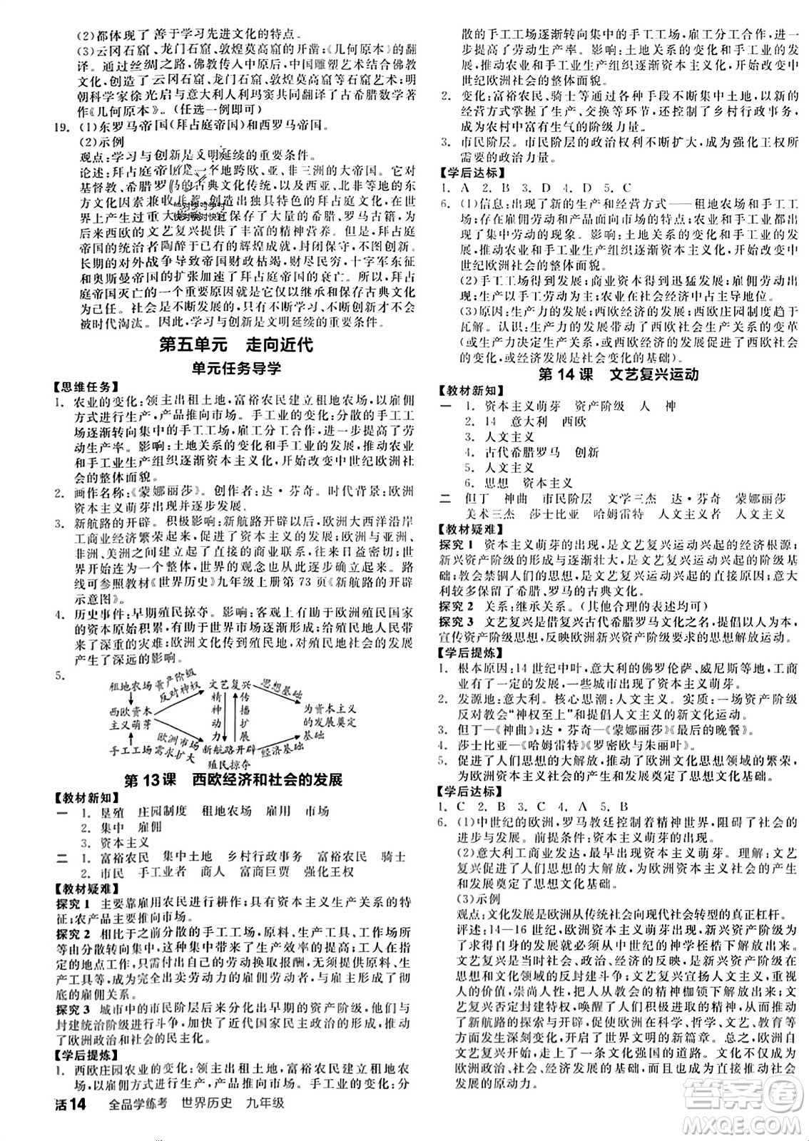 天津人民出版社2023年秋全品學(xué)練考九年級世界歷史上冊通用版答案