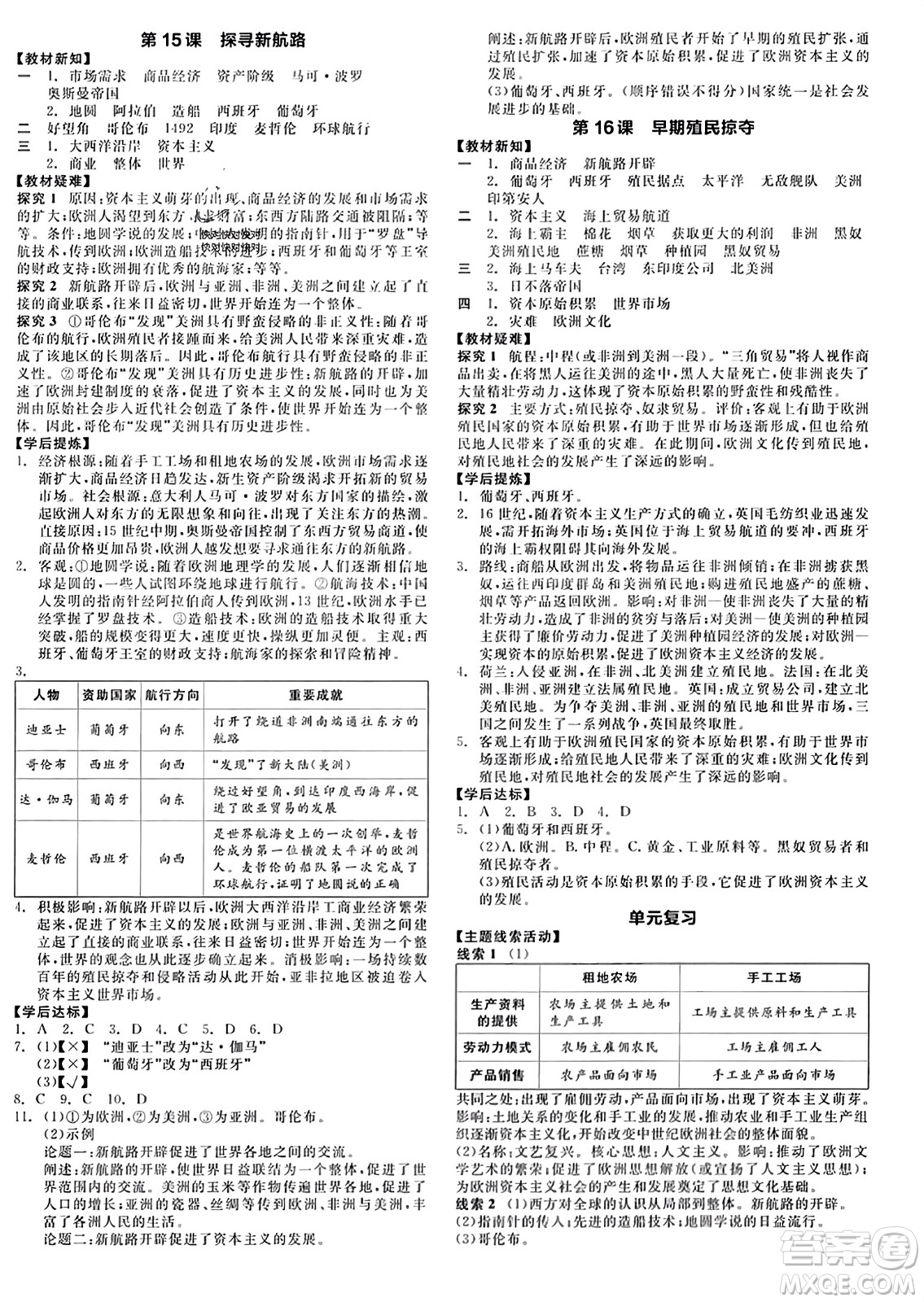 天津人民出版社2023年秋全品學(xué)練考九年級世界歷史上冊通用版答案