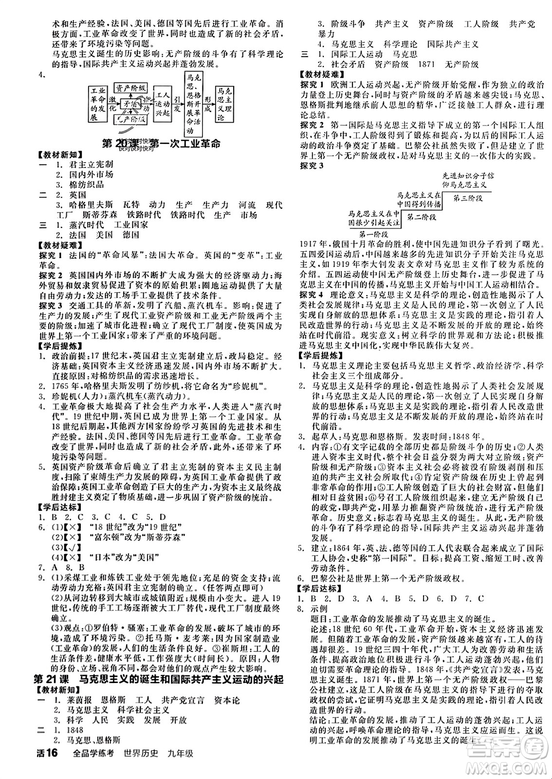 天津人民出版社2023年秋全品學(xué)練考九年級世界歷史上冊通用版答案
