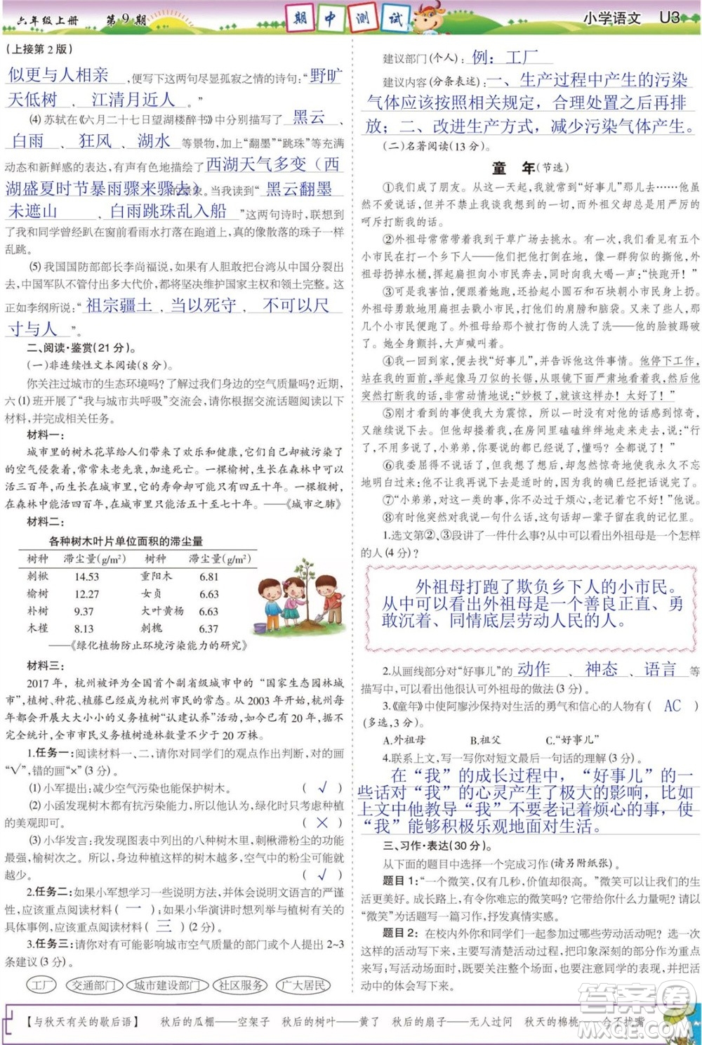 2023年秋少年智力開發(fā)報六年級語文上冊人教版第9-12期答案