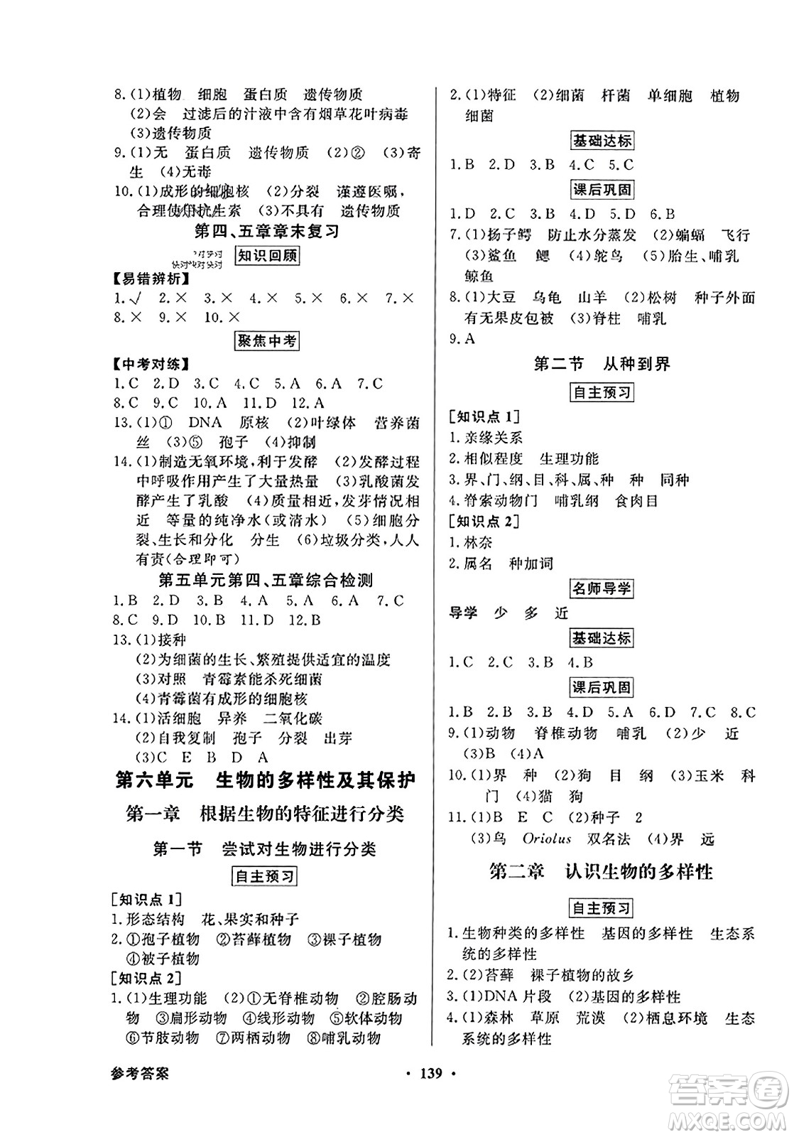 人民教育出版社2023年秋同步導(dǎo)學(xué)與優(yōu)化訓(xùn)練八年級生物上冊人教版答案