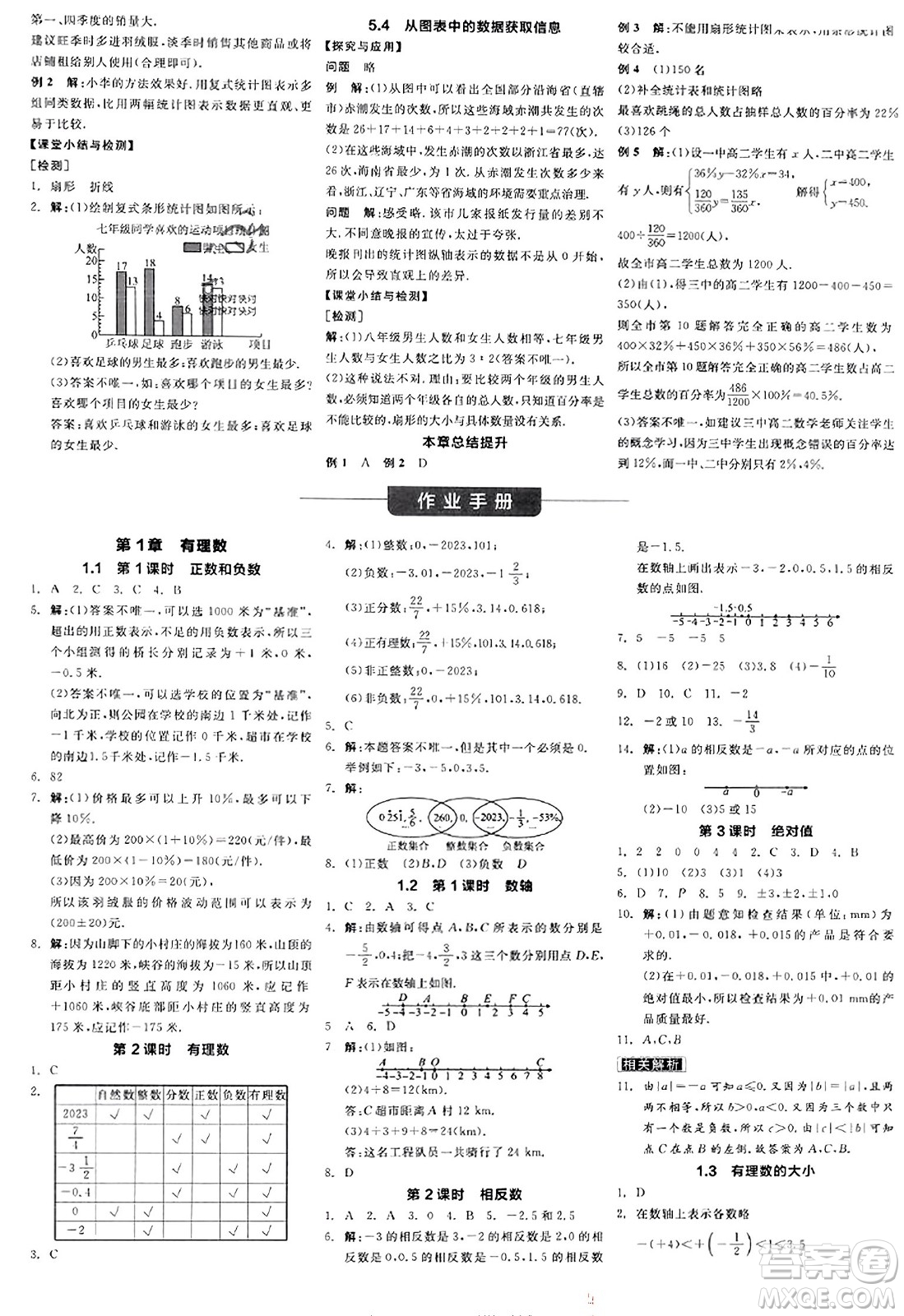 陽光出版社2023年秋全品學(xué)練考作業(yè)手冊(cè)七年級(jí)數(shù)學(xué)上冊(cè)滬科版答案