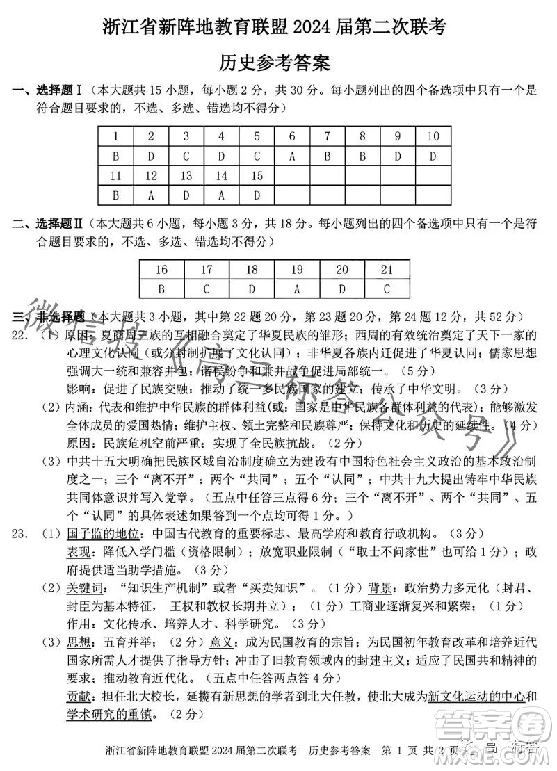 浙江省新陣地教育聯(lián)盟2024屆第二次聯(lián)考歷史試卷答案