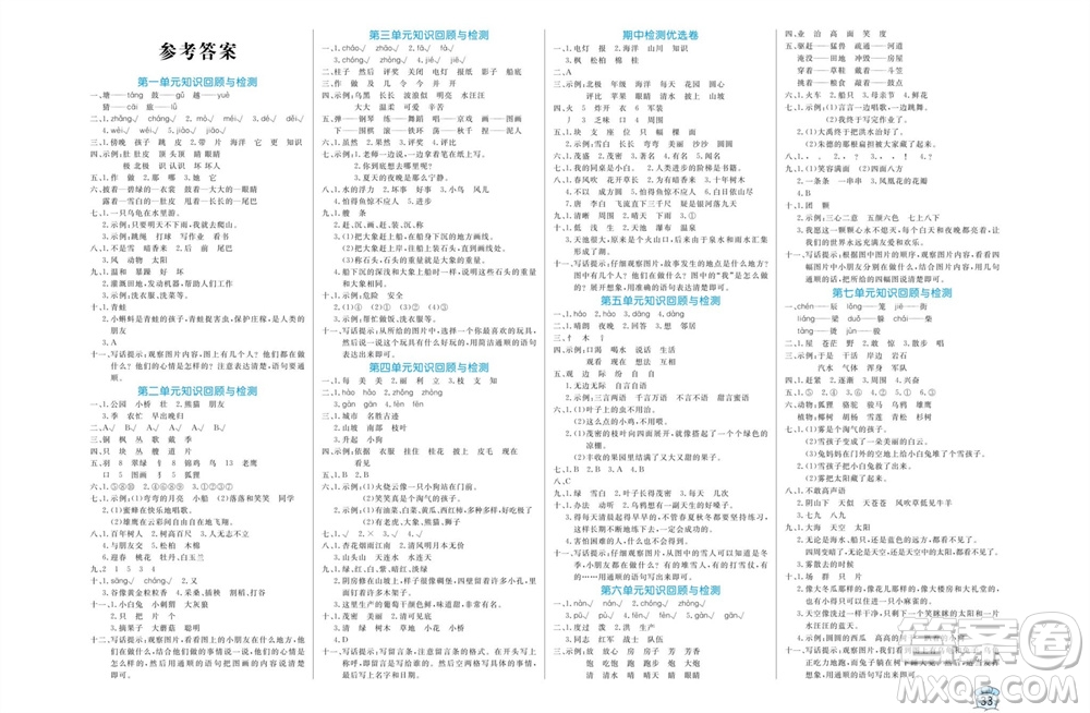 沈陽出版社2023年秋黃岡名卷二年級語文上冊人教版參考答案