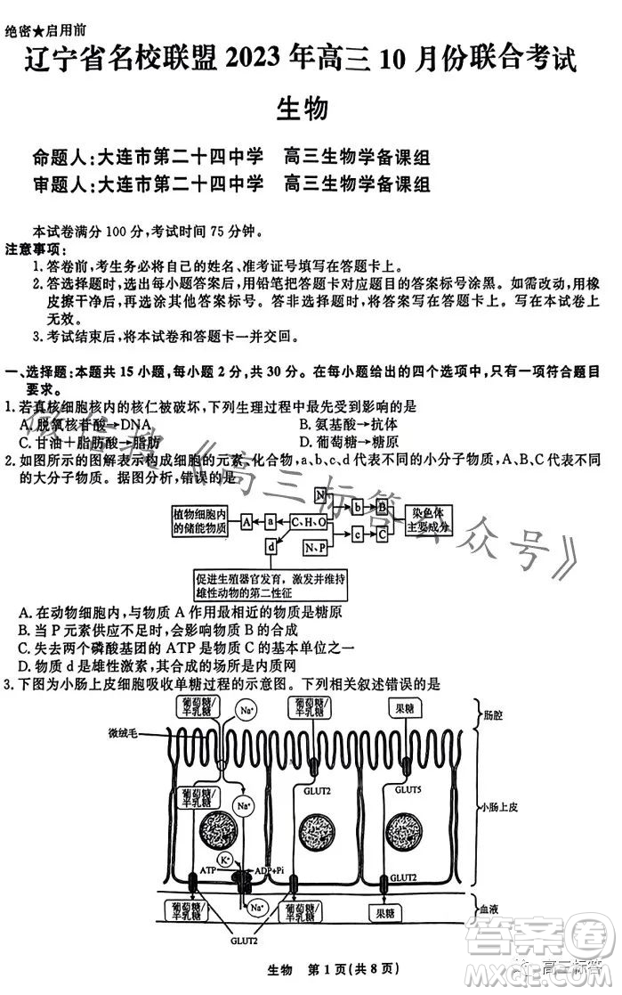 遼寧省名校聯(lián)盟2023年高三10月份聯(lián)合考試生物試卷答案