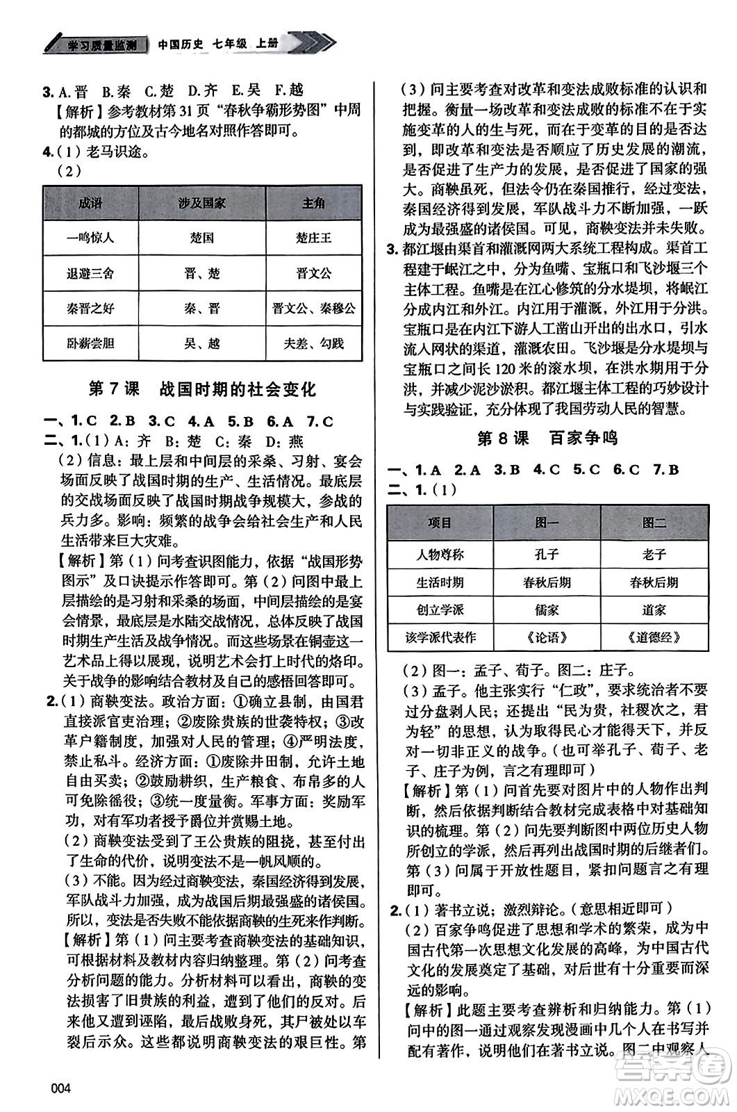 天津教育出版社2023年秋學(xué)習(xí)質(zhì)量監(jiān)測七年級中國歷史上冊人教版答案