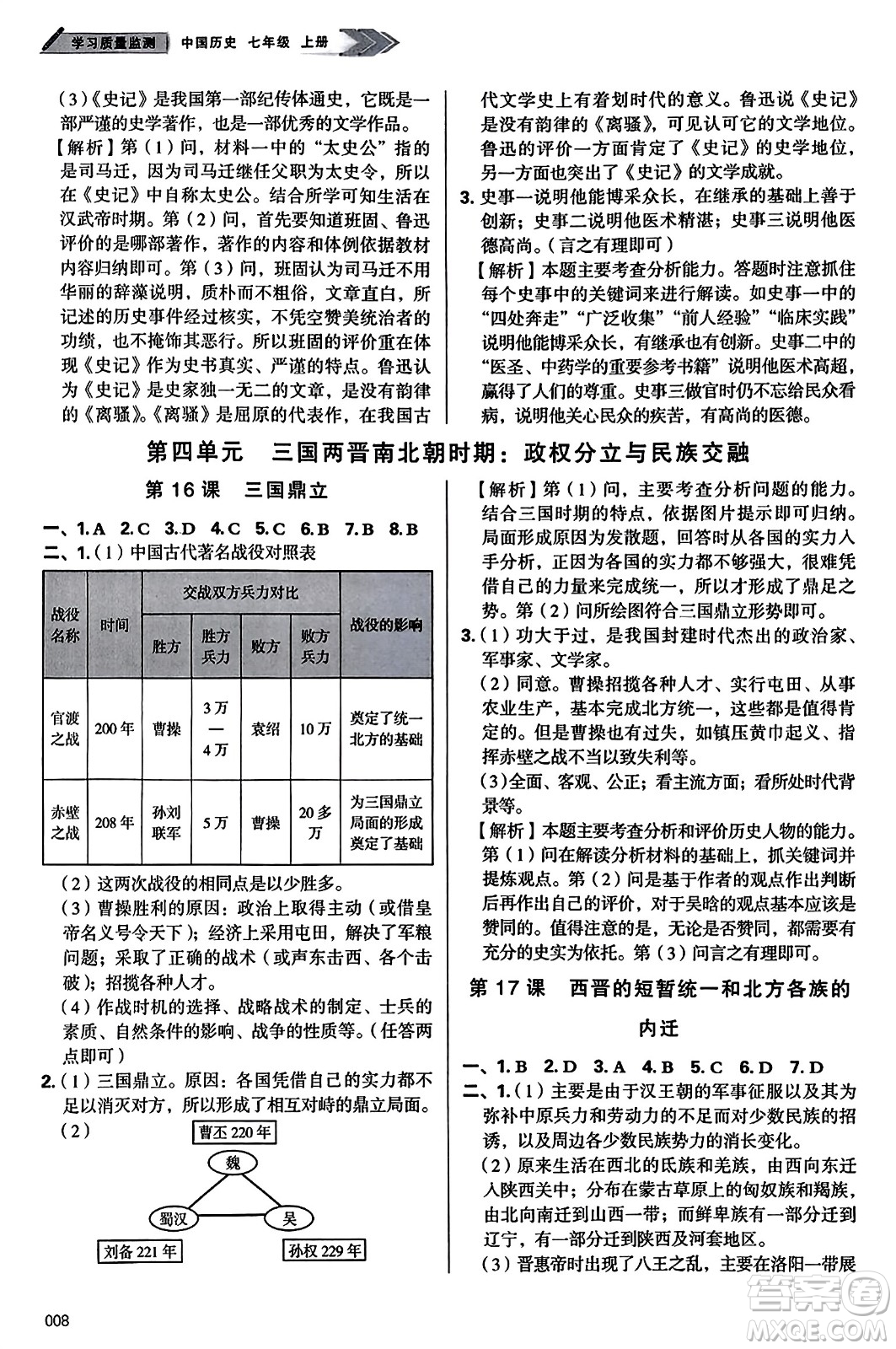 天津教育出版社2023年秋學(xué)習(xí)質(zhì)量監(jiān)測七年級中國歷史上冊人教版答案