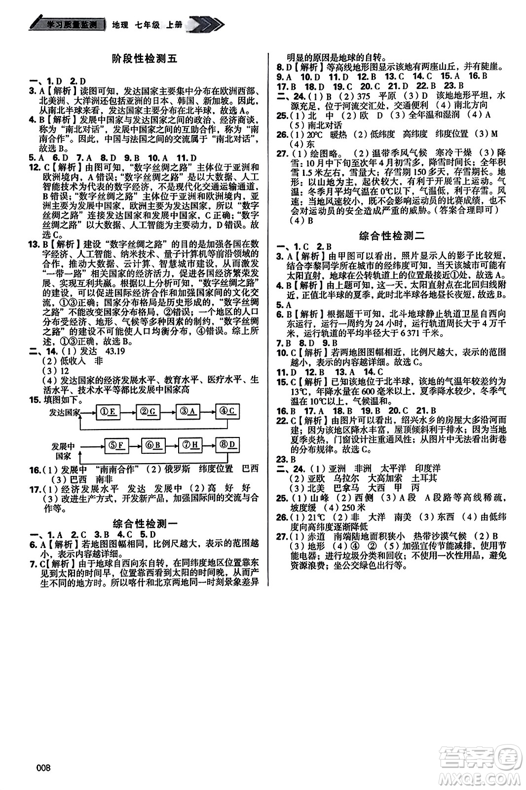 天津教育出版社2023年秋學(xué)習(xí)質(zhì)量監(jiān)測七年級地理上冊人教版答案