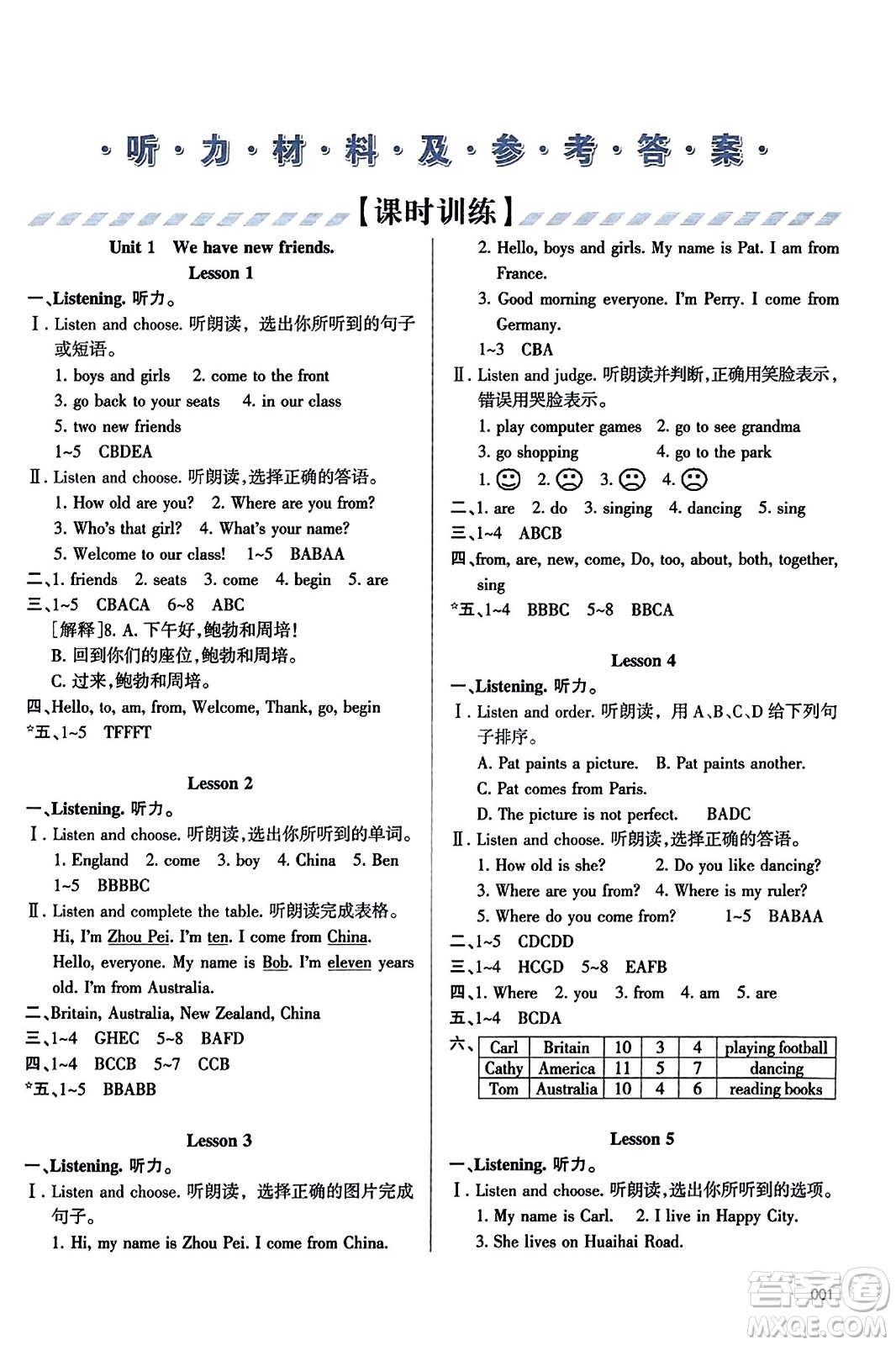 天津教育出版社2023年秋學(xué)習(xí)質(zhì)量監(jiān)測五年級英語上冊人教版答案