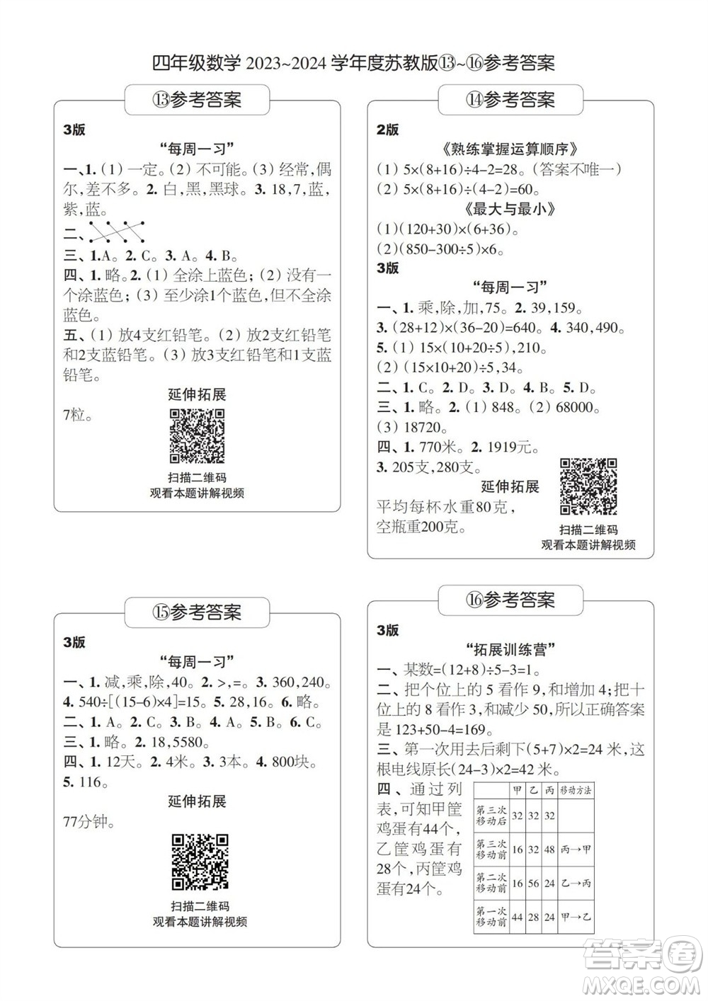 時代學(xué)習(xí)報數(shù)學(xué)周刊2023-2024學(xué)年度四年級蘇教版13-16期答案
