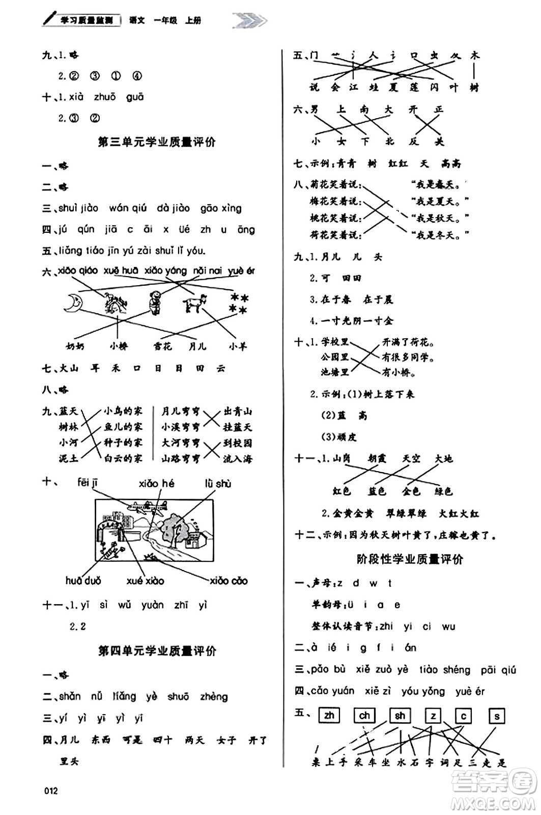 天津教育出版社2023年秋學習質(zhì)量監(jiān)測一年級語文上冊人教版答案