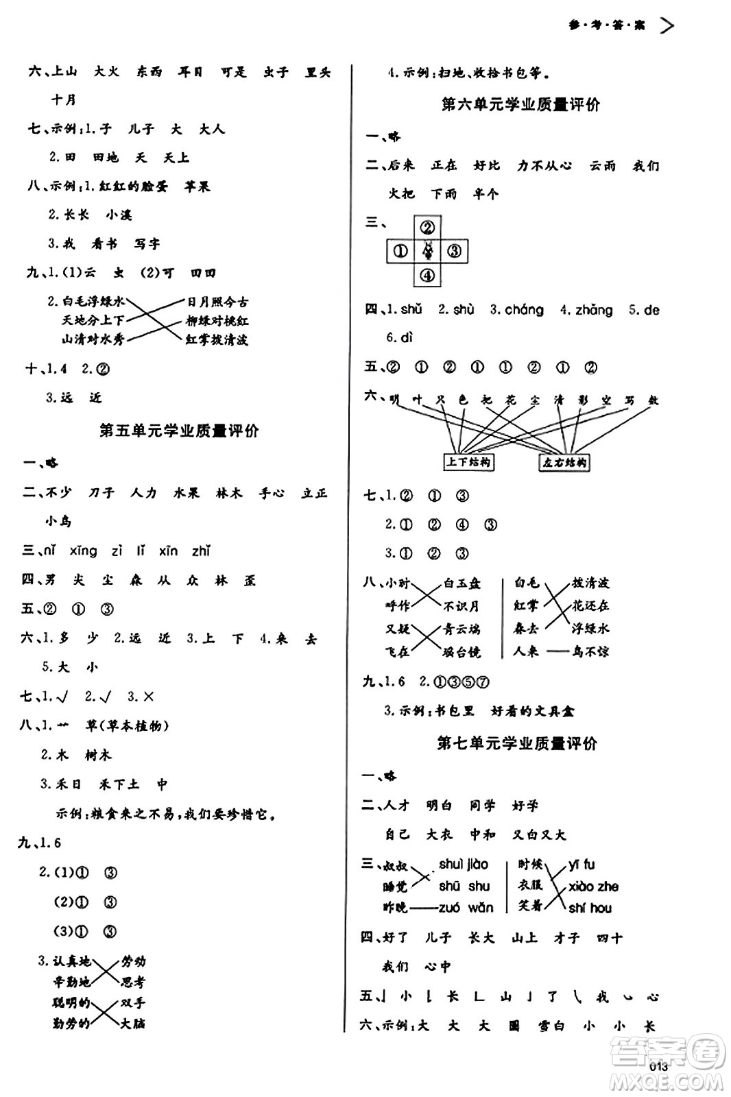 天津教育出版社2023年秋學習質(zhì)量監(jiān)測一年級語文上冊人教版答案