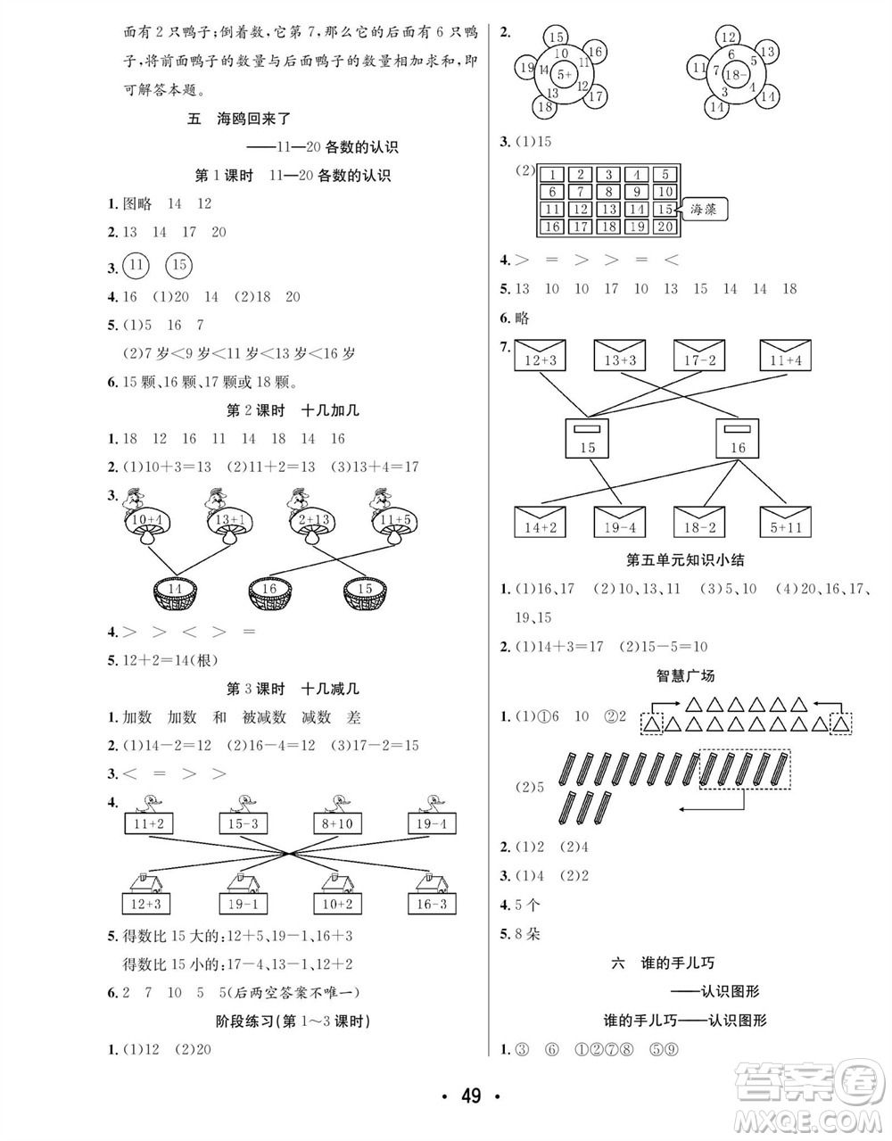合肥工業(yè)大學出版社2023年秋七天學練考一年級數(shù)學上冊青島版參考答案