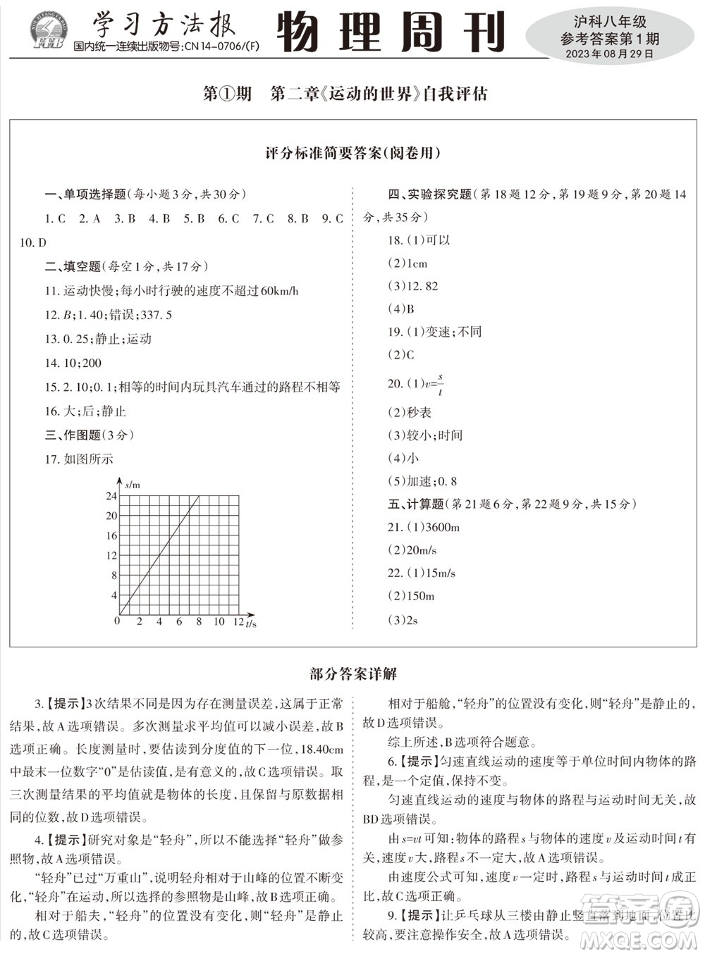 2023年秋學習方法報物理周刊八年級上冊滬科版1-2期參考答案