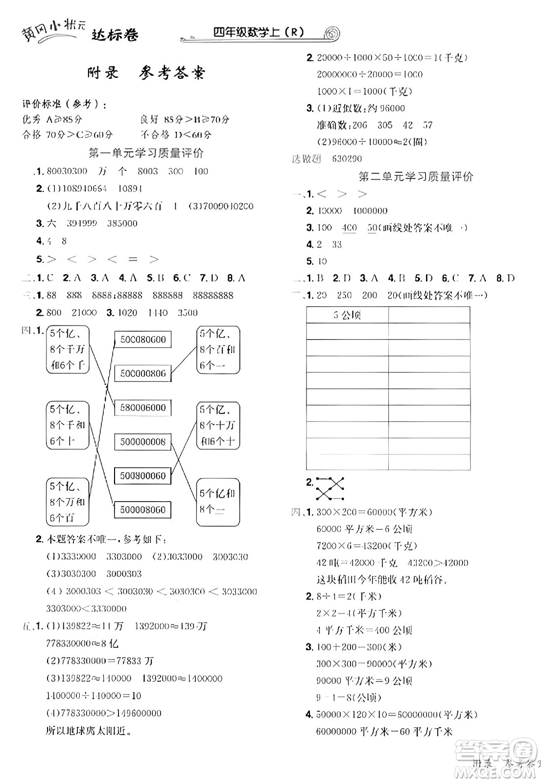 龍門書局2023年秋黃岡小狀元達標卷四年級數(shù)學上冊人教版答案