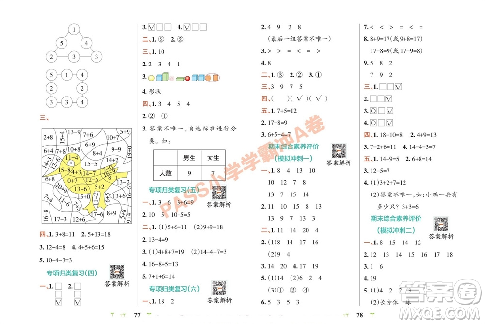 陜西師范大學(xué)出版總社有限公司2023年秋小學(xué)學(xué)霸沖A卷一年級數(shù)學(xué)上冊冀教版參考答案