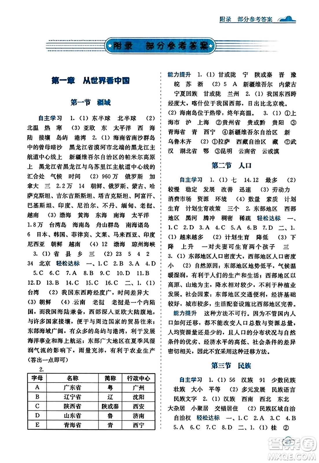 廣西教育出版社2023年秋自主學(xué)習(xí)能力測評八年級地理上冊人教版答案