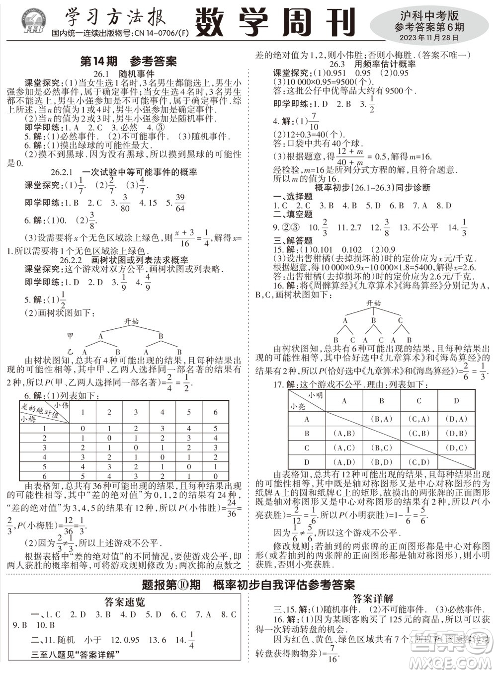 2023年秋學(xué)習(xí)方法報數(shù)學(xué)周刊九年級上冊滬科版中考專版第6期參考答案