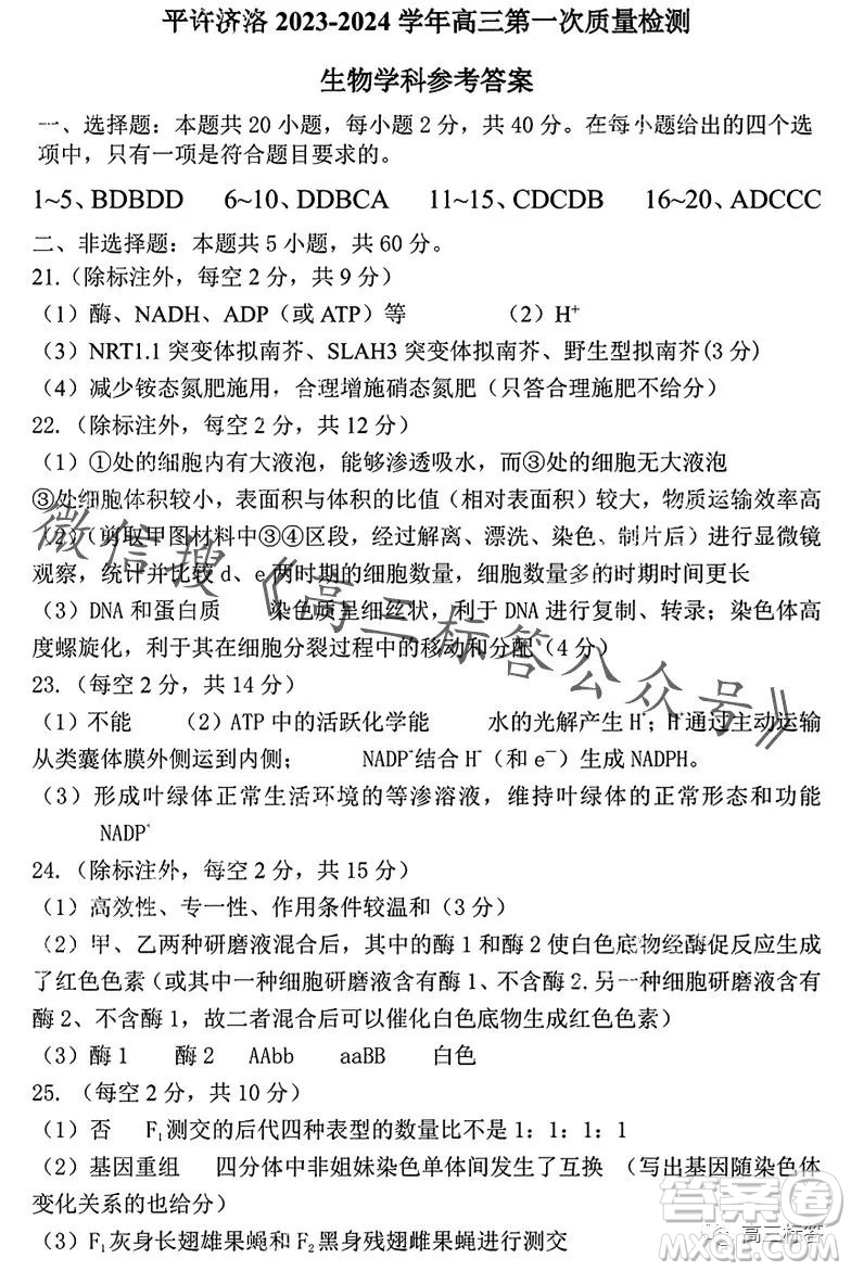 平許濟(jì)洛2023-2024學(xué)年高三第一次質(zhì)量檢測生物試卷答案