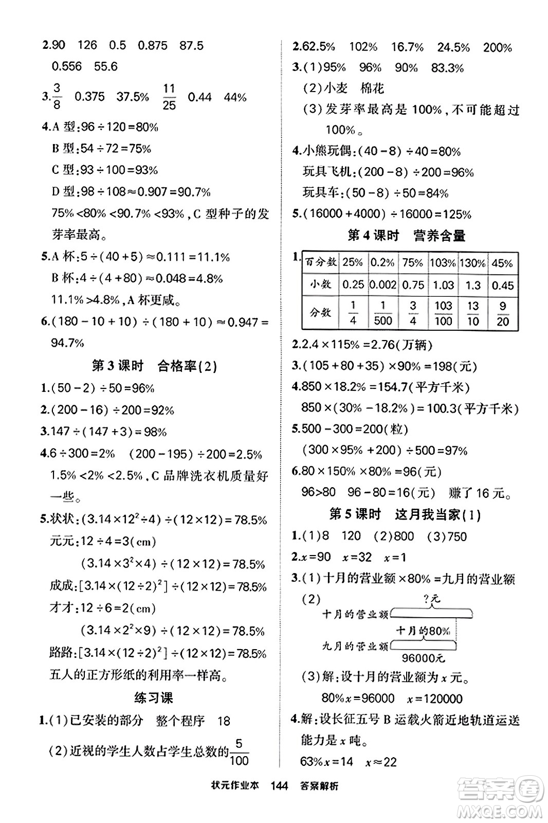 武漢出版社2023年秋狀元成才路狀元作業(yè)本六年級數(shù)學(xué)上冊北師大版答案