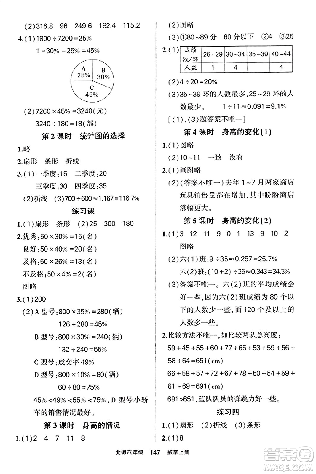 武漢出版社2023年秋狀元成才路狀元作業(yè)本六年級數(shù)學(xué)上冊北師大版答案