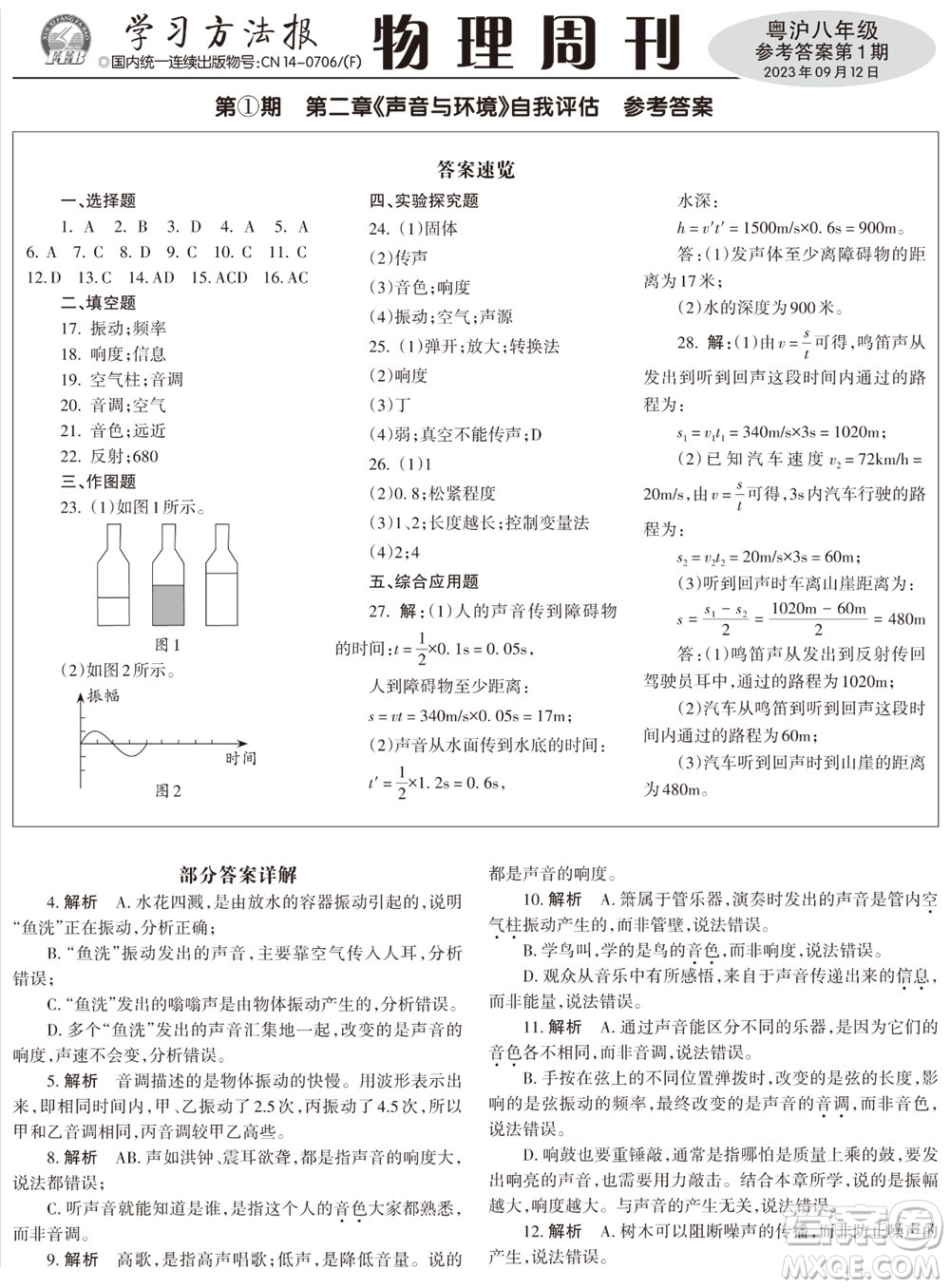 2023年秋學習方法報物理周刊八年級上冊粵滬版第1期參考答案