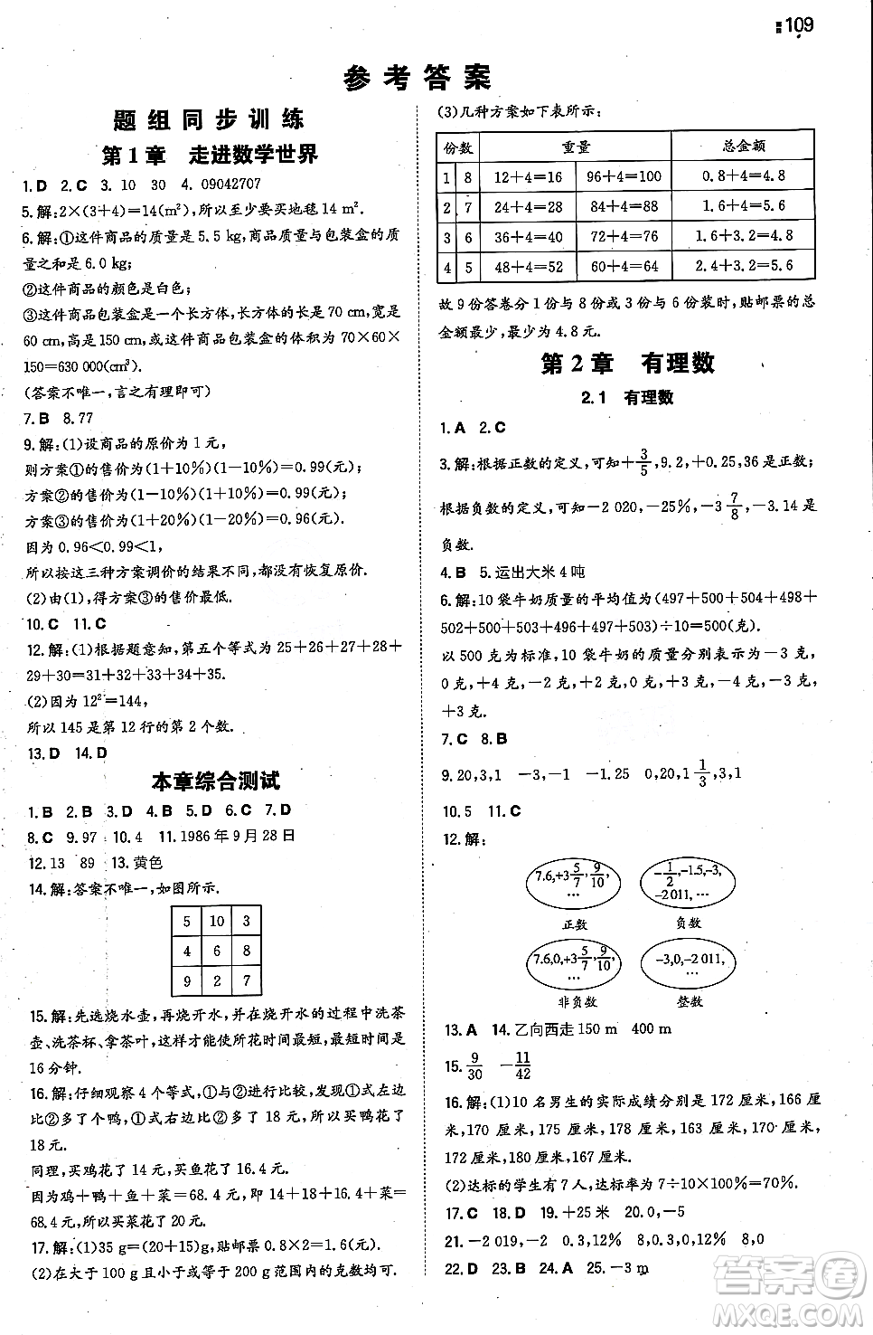 湖南教育出版社2023年秋一本同步訓(xùn)練七年級數(shù)學(xué)上冊華東師大版答案