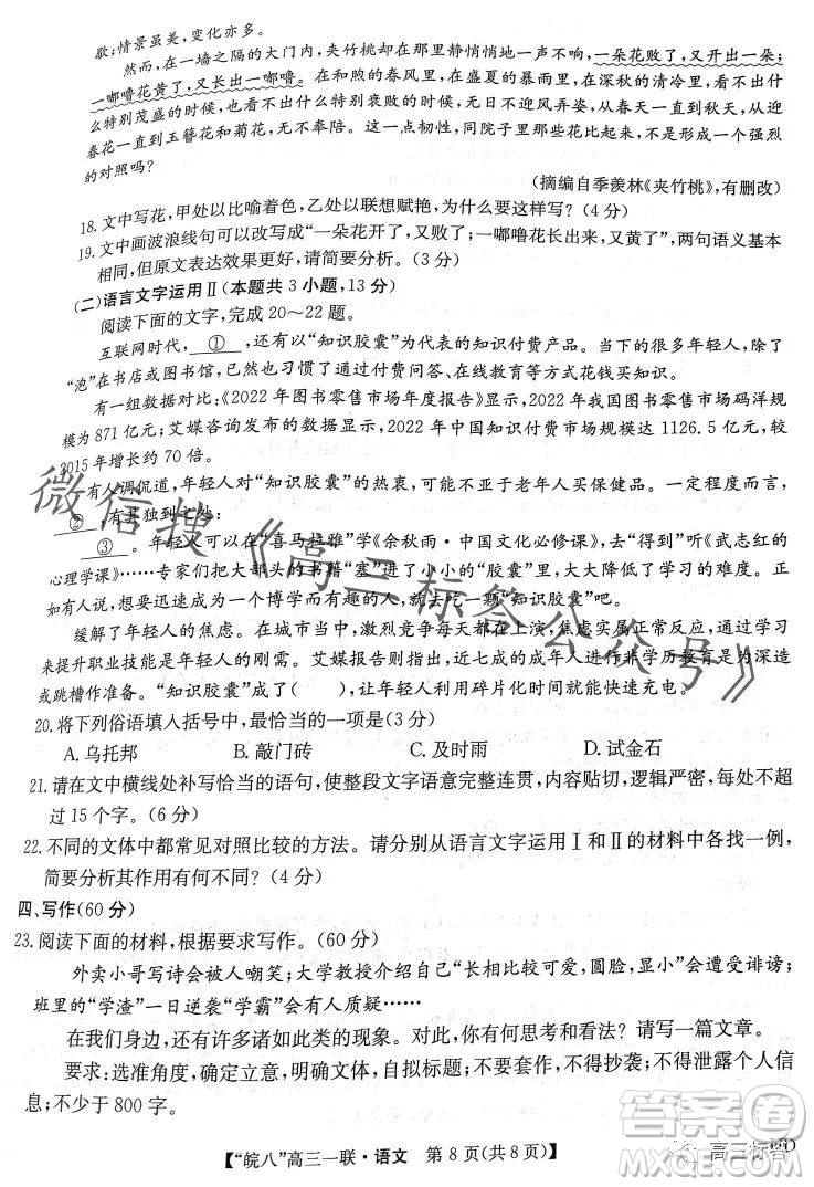 2024屆皖南八校高三第一次大聯(lián)考語文試卷答案