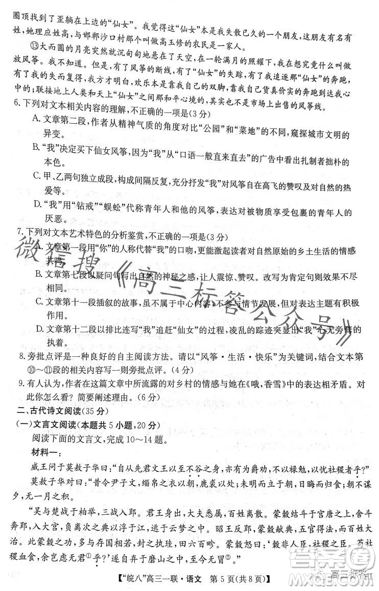 2024屆皖南八校高三第一次大聯(lián)考語文試卷答案