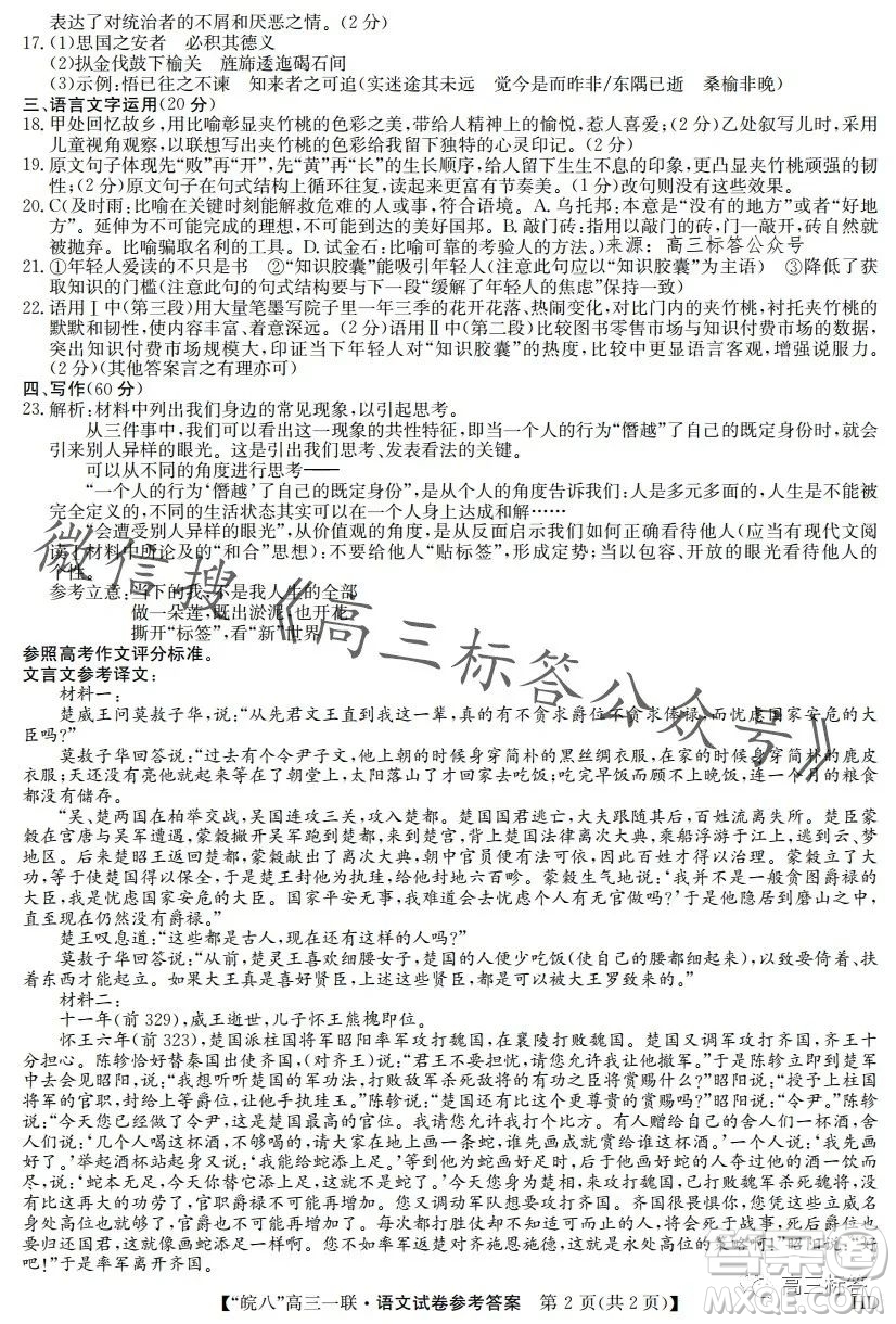 2024屆皖南八校高三第一次大聯(lián)考語文試卷答案