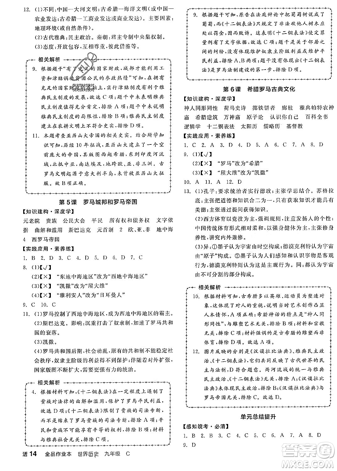 陽光出版社2023年秋全品作業(yè)本九年級世界歷史上冊通用版安徽專版答案