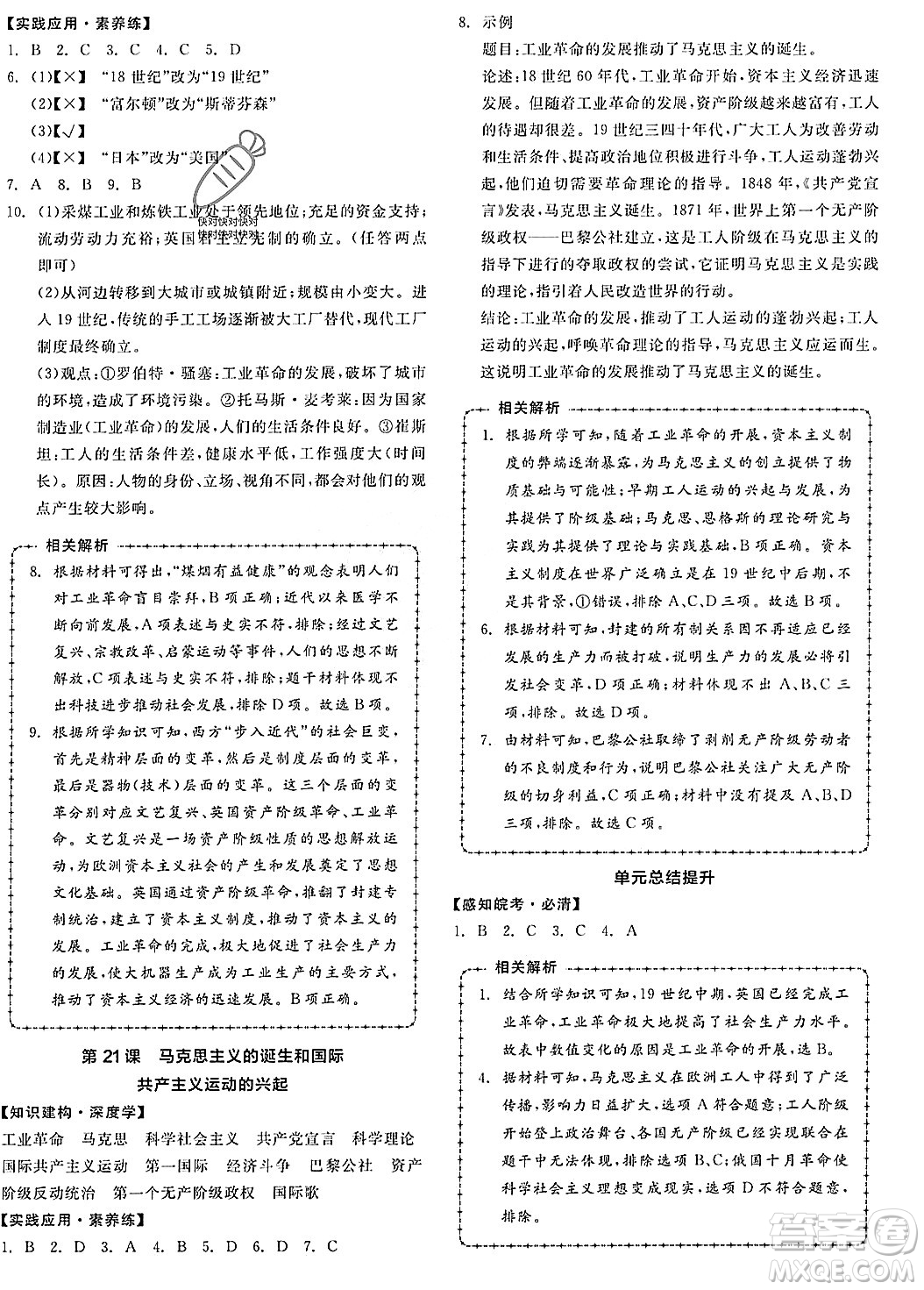 陽光出版社2023年秋全品作業(yè)本九年級世界歷史上冊通用版安徽專版答案