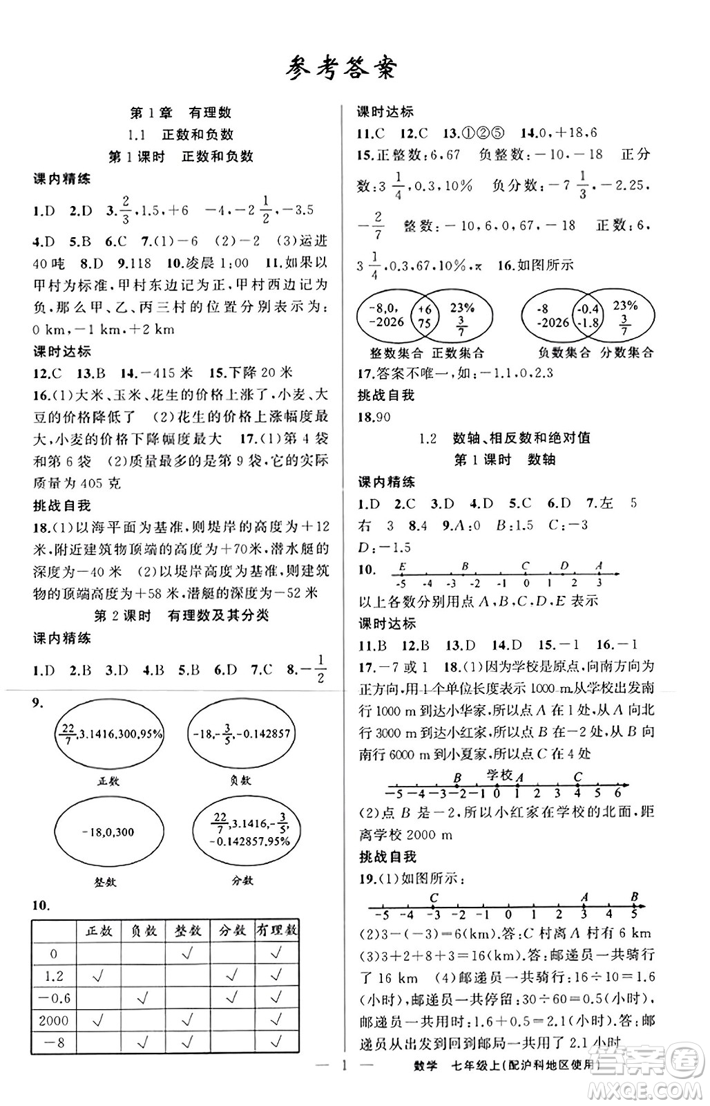 新疆青少年出版社2023年秋黃岡金牌之路練闖考七年級(jí)數(shù)學(xué)上冊(cè)滬科版答案