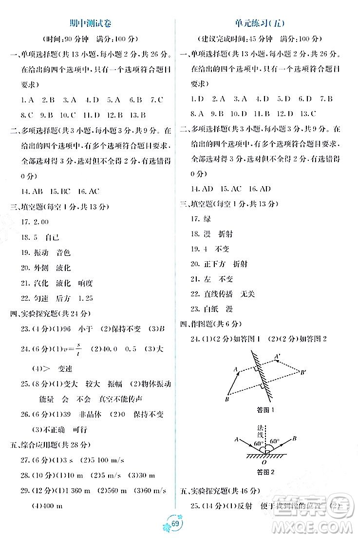 廣西教育出版社2023年秋自主學(xué)習(xí)能力測評單元測試八年級(jí)物理上冊人教版A版答案