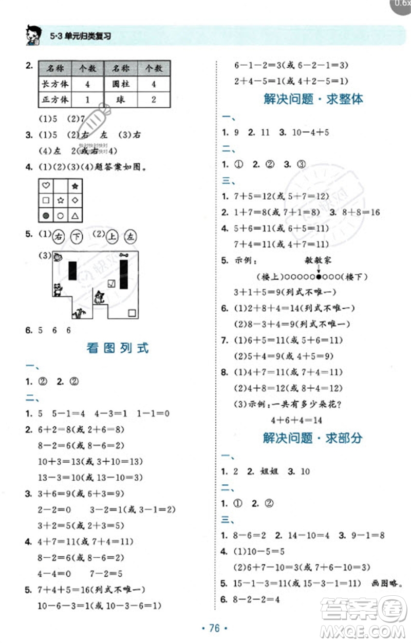 首都師范大學出版社2023年秋53單元歸類復習一年級數(shù)學上冊北師大版參考答案