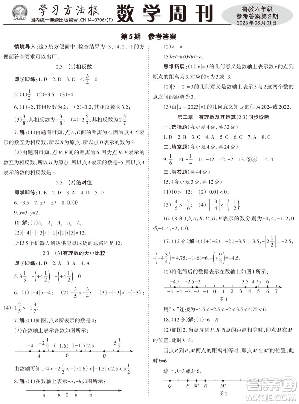 2023年秋學(xué)習(xí)方法報(bào)數(shù)學(xué)周刊六年級上冊魯教版第1-4期參考答案